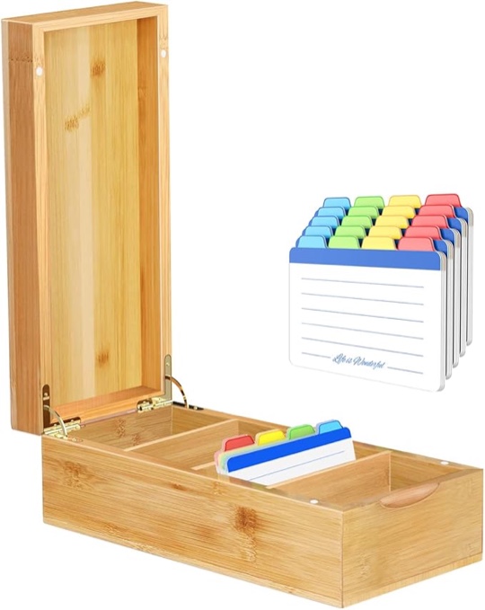 Neando 3’’x5’’ Index Card Holder, Bamboo Index Card Box, Index Card Organizer Case, Wood Recipe Box with Dividers