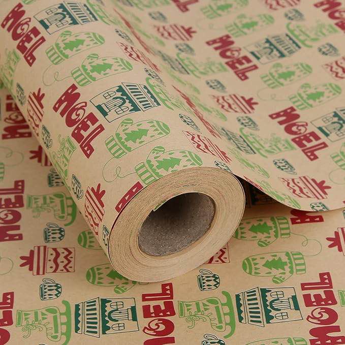 Aimyoo Kraft Christmas Wrapping Paper Jumbo Roll, Skating Shoes Gloves Letters Design, Xmas Gift Wrap Paper 30in x 32 ft