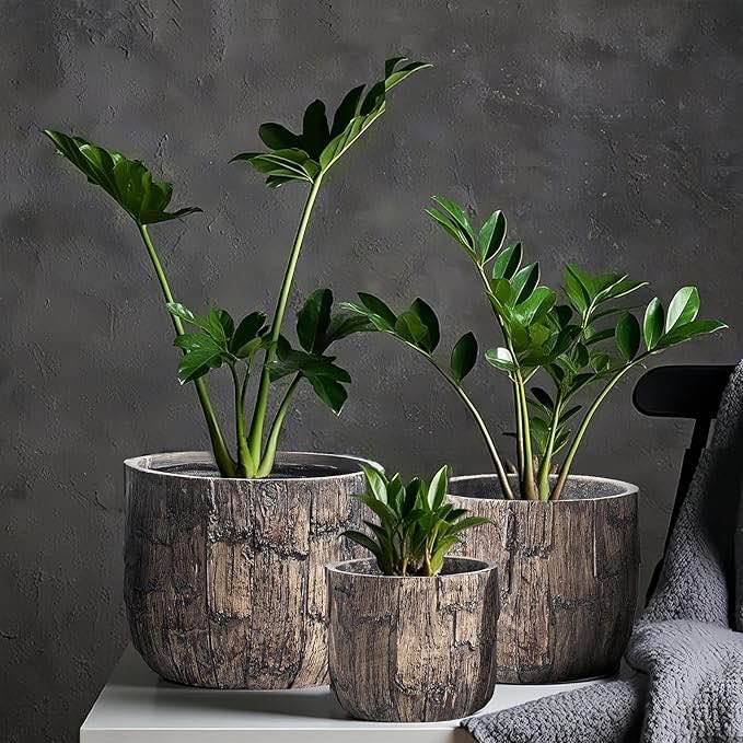 yundu concrete planter set of 3, 14.5 & 12.6 & 9.8 inch plant pot. vintage style woodgrain concrete