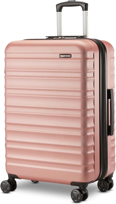 amazon basics 26" hardside medium checked luggage, expandable hardshell suitcase with telescoping handle, scratch-resistant surface, four multi-directional wheels, rose gold