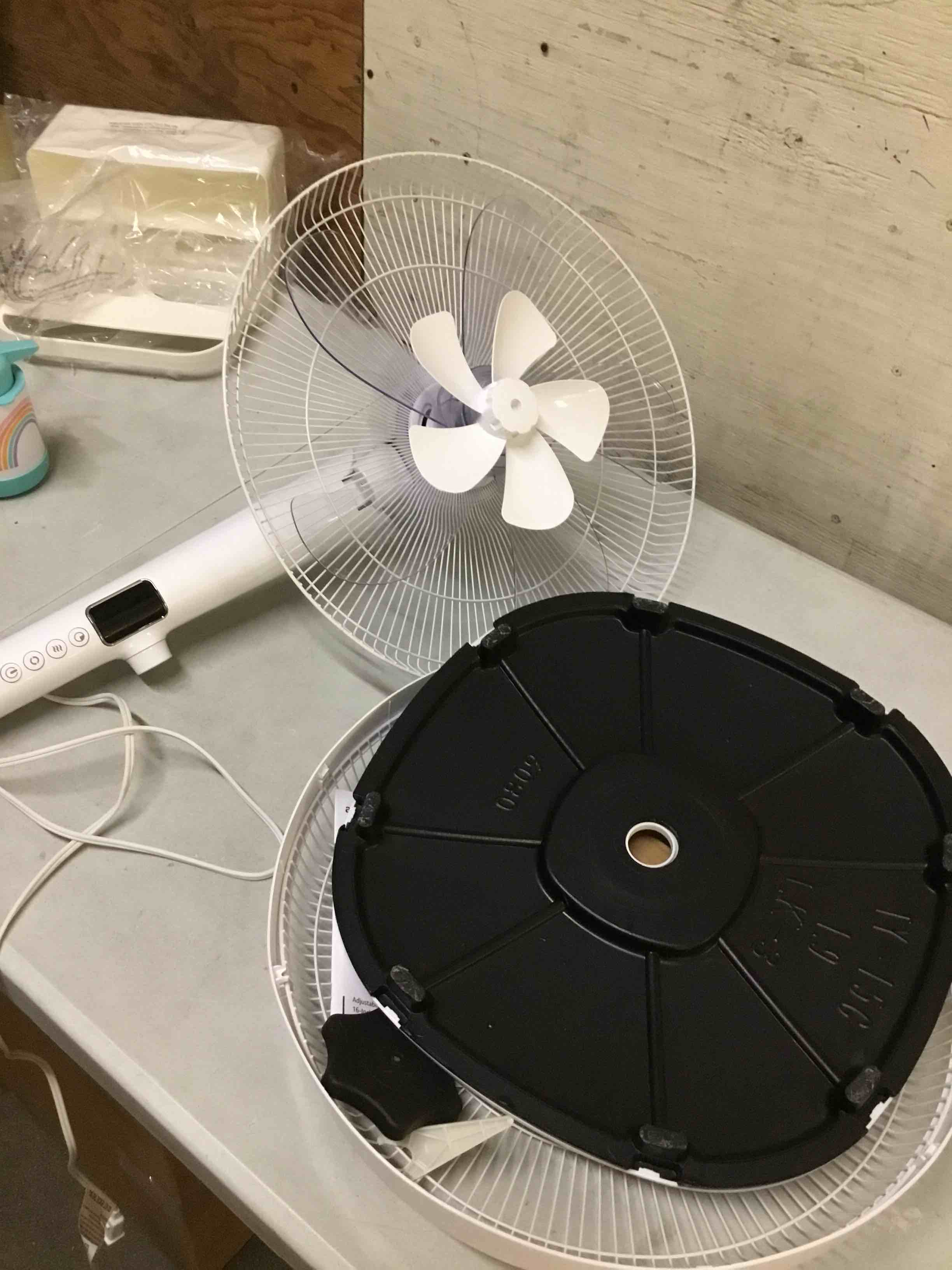 Condition photo showing As Is for amazon basics 16-inch quiet dc motor standing floor fan for bedroom, 12 speed with remote, 3 breeze modes, adjustable height, dual-layered blades, timer, energy efficient (28w), white 12-speed, dc motor