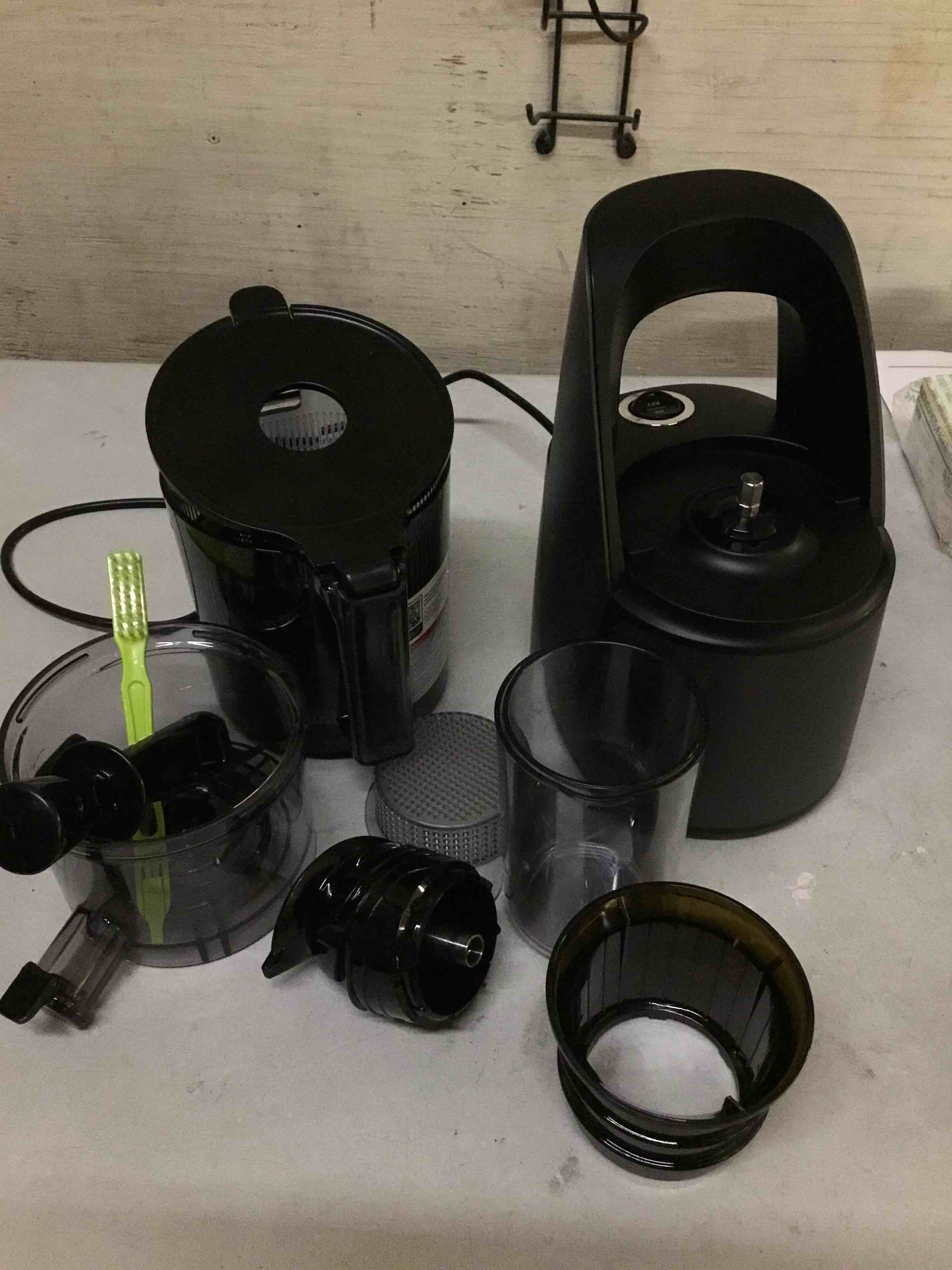 Condition photo showing As Is for ( incomplete) eanoruus juicer machines, 3-in-1 cold press juicer with 6.5" extra large chute, 100oz large capacity, ac motor, makes juice, nut milk & sorbet, premium gray