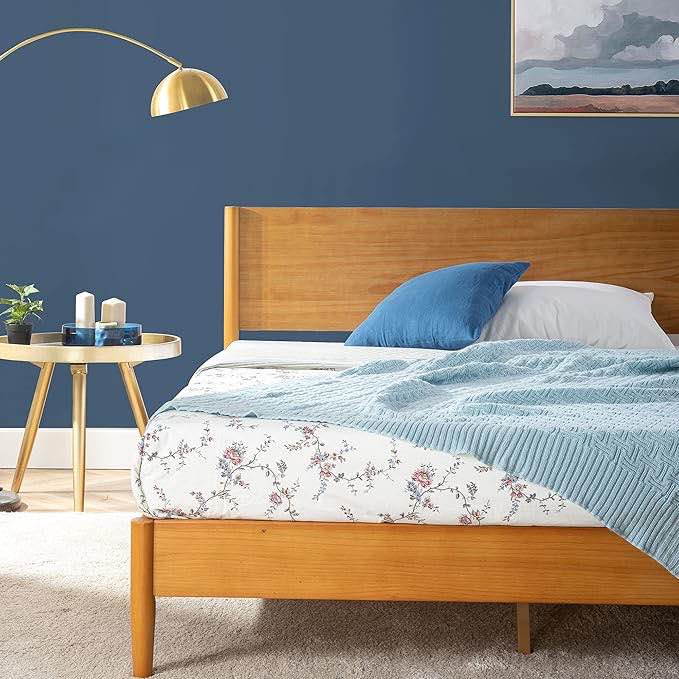 zinus allen mid century wood platform bed frame, solid wood foundation, wood slat support, no box spring needed, easy assembly, queen