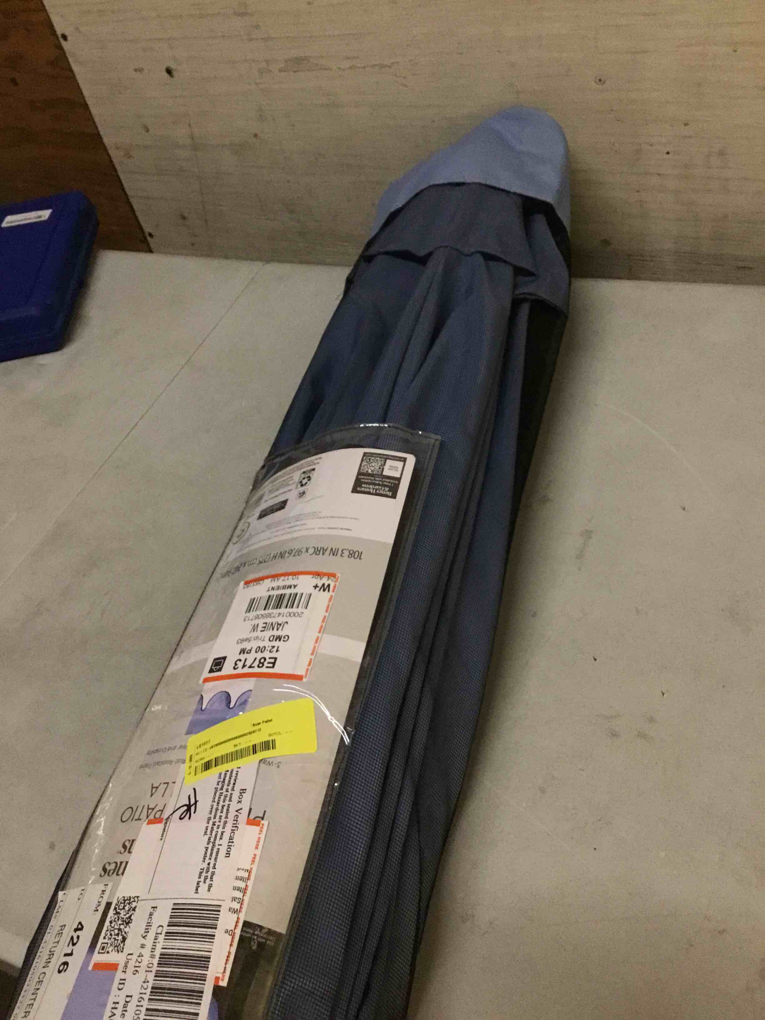 Condition photo showing As Is for ( with broken parts);better homes & gardens outdoor 9 foot blue scallop premium crank lift and 3 position tilt market patio umbrella