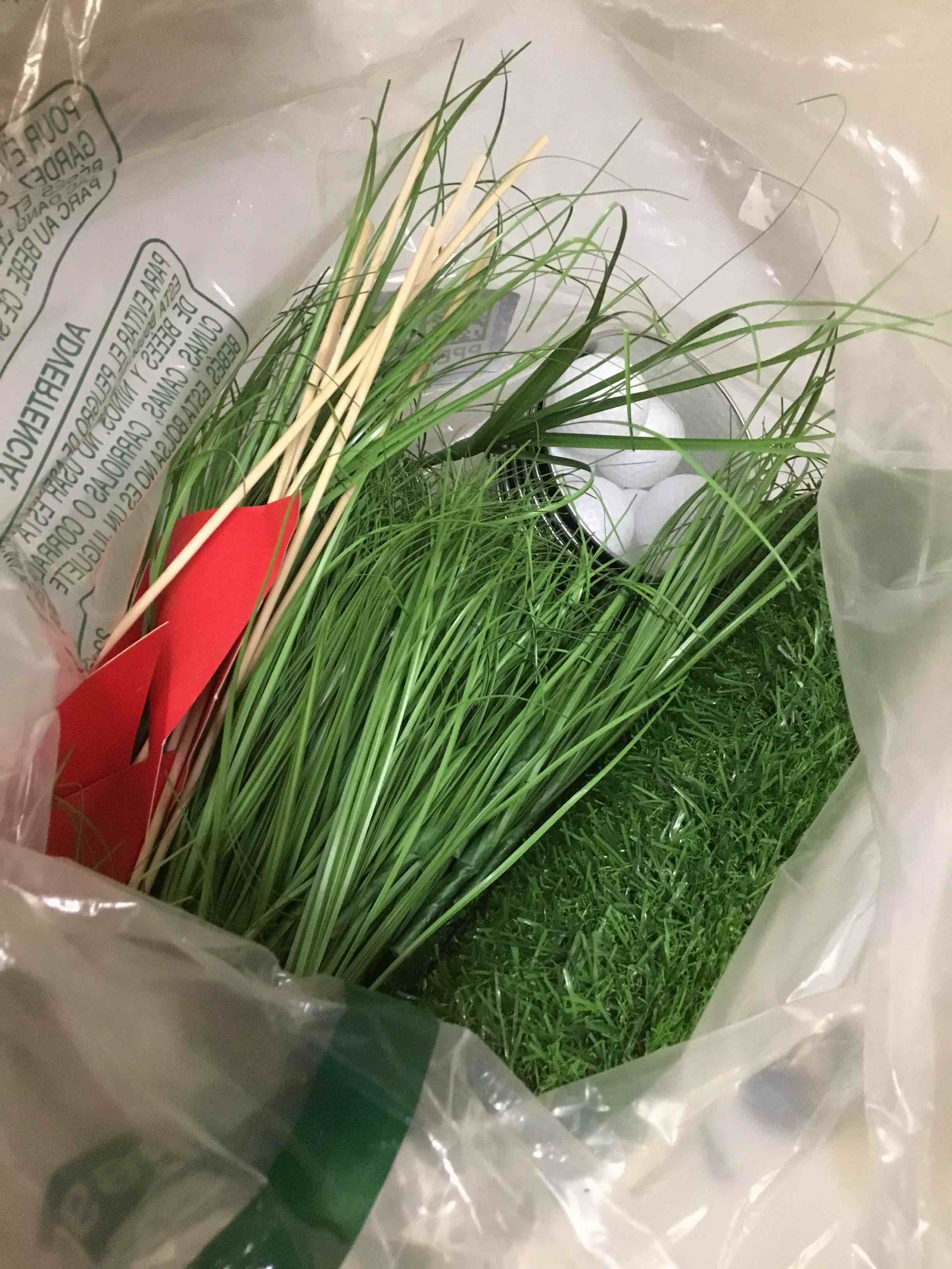 Condition photo showing Good Condition for 6 set golf centerpieces for tables includes 6 iron buckets artificial grass mats red flags 12 mini golf 90 artificial grass party table decorations for sport themed retirement birthday party supplies
