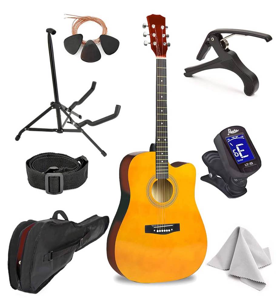 master-play beginner full size 41” wood cutaway all string acoustic guitar, with bonus accessories kit; case, strap, capo, extra strings, picks, tuner, wash cloth, stand wood