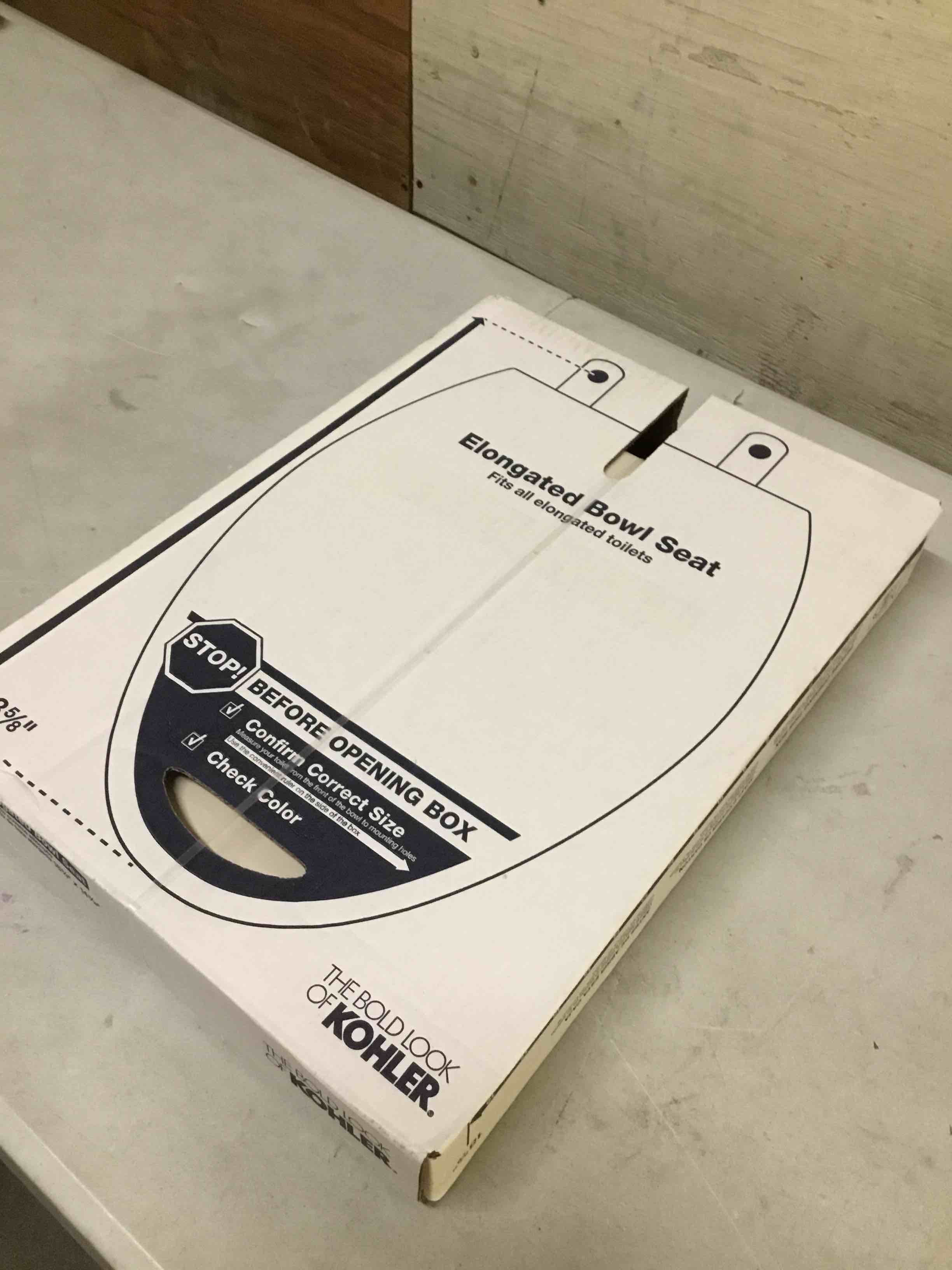 Condition photo showing New/Like New for kohler k-4774-47 brevia elongated toilet seat with quick-release hinges and quick-attach hardware for easy clean, almond elongated almond