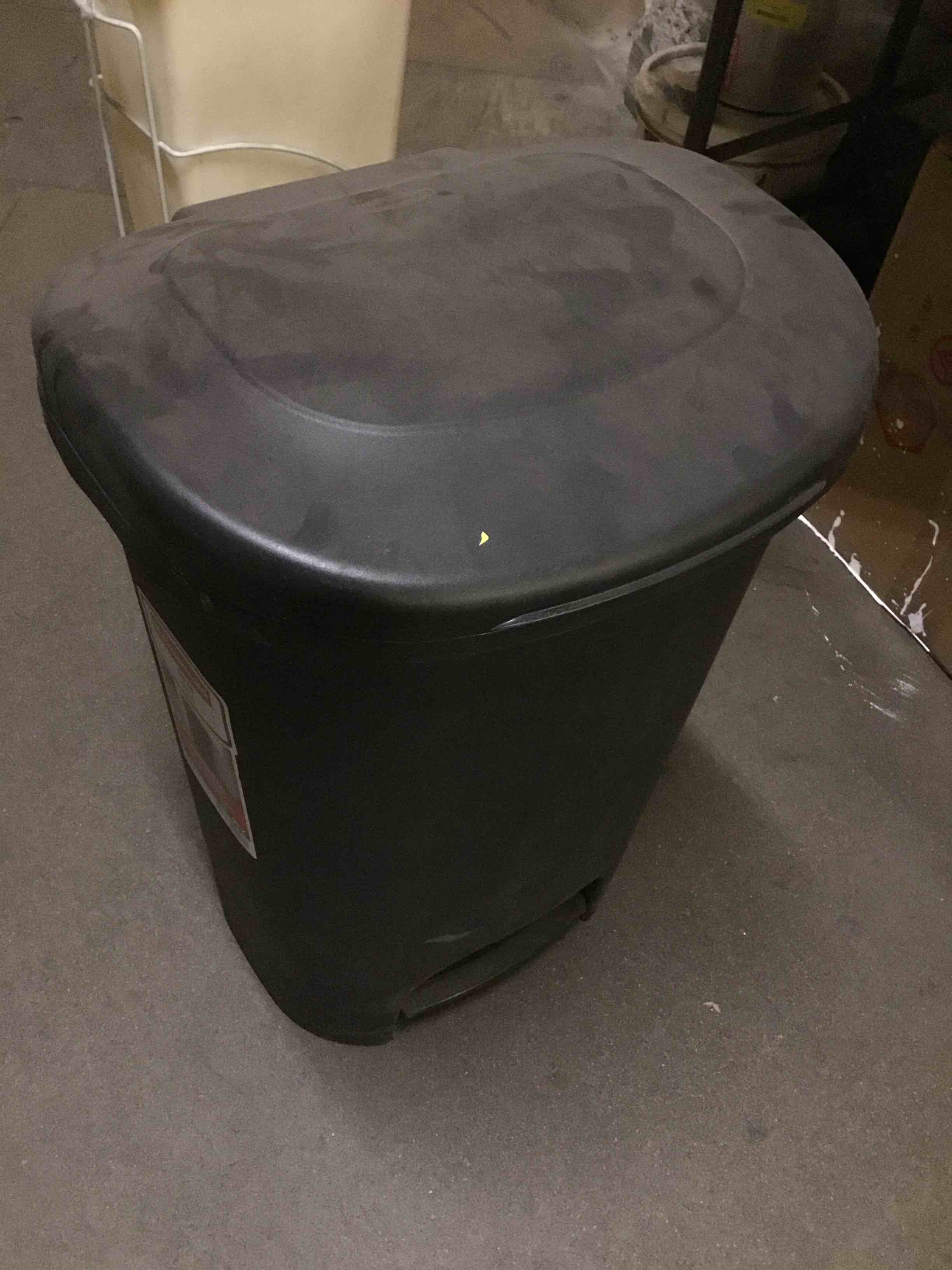 Condition photo showing As Is for rubbermaid classic step-on trash can with lid, 13-gallon, black, easy clean wastebasket for home/kitchen/bedroom/office/garage black step on