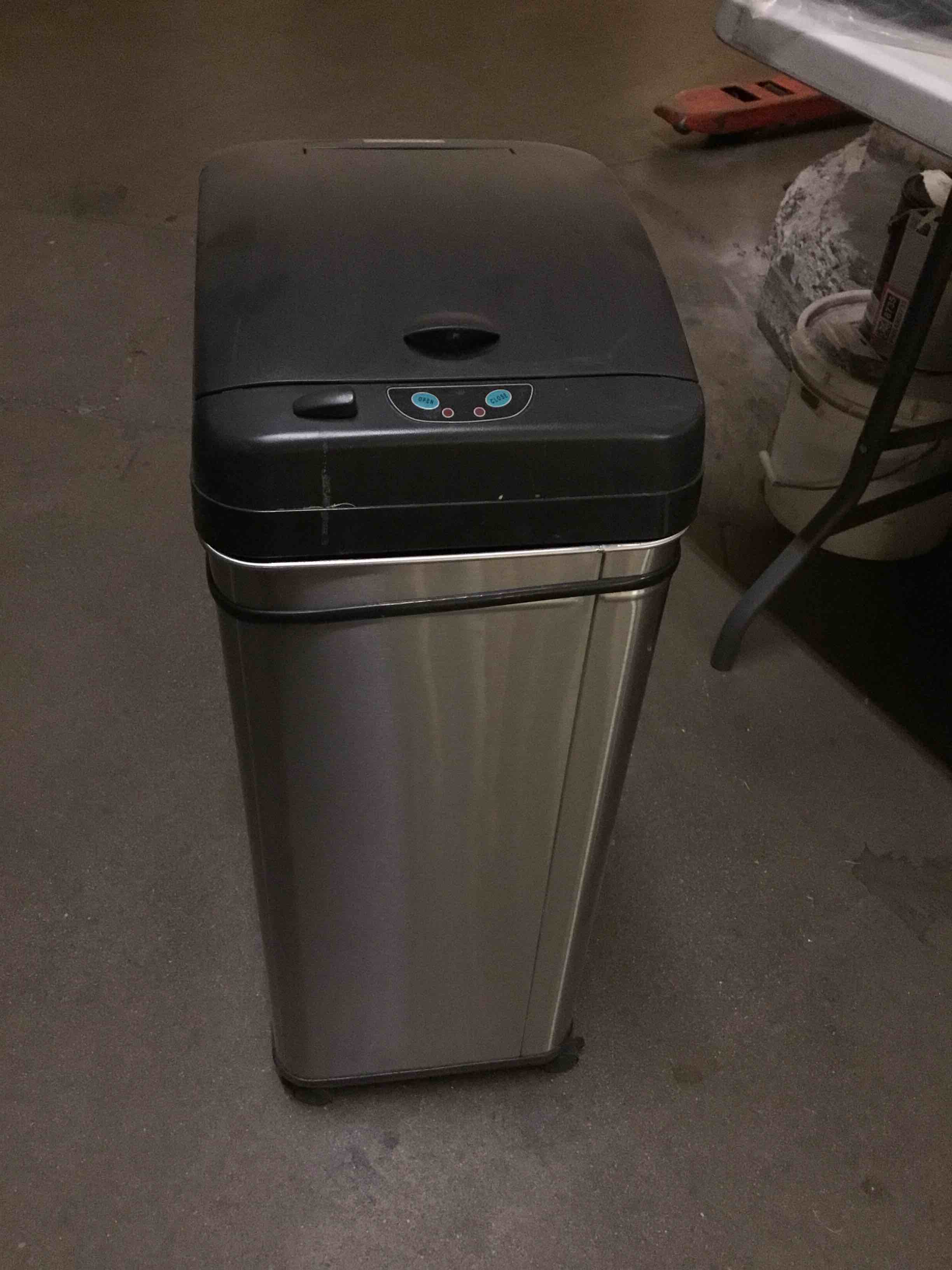 Condition photo showing As Is for (incomplete) itouchless 13 gallon kitchen trash can with lid and odor filter, motion sensor stainless steel rectangular trashcan for home office work bedroom living room garage large capacity slim wastebasket ( with wheels) 