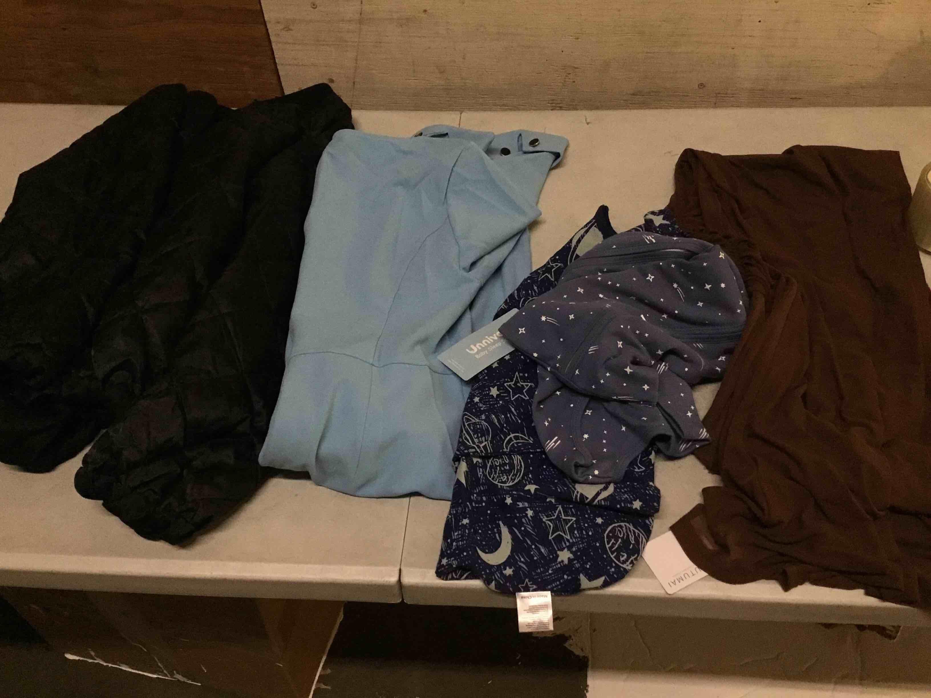 Condition photo showing As Is for assorted clothes—dress/ baby sleep/ jacket ( size medium, 18,months,,xl, large )