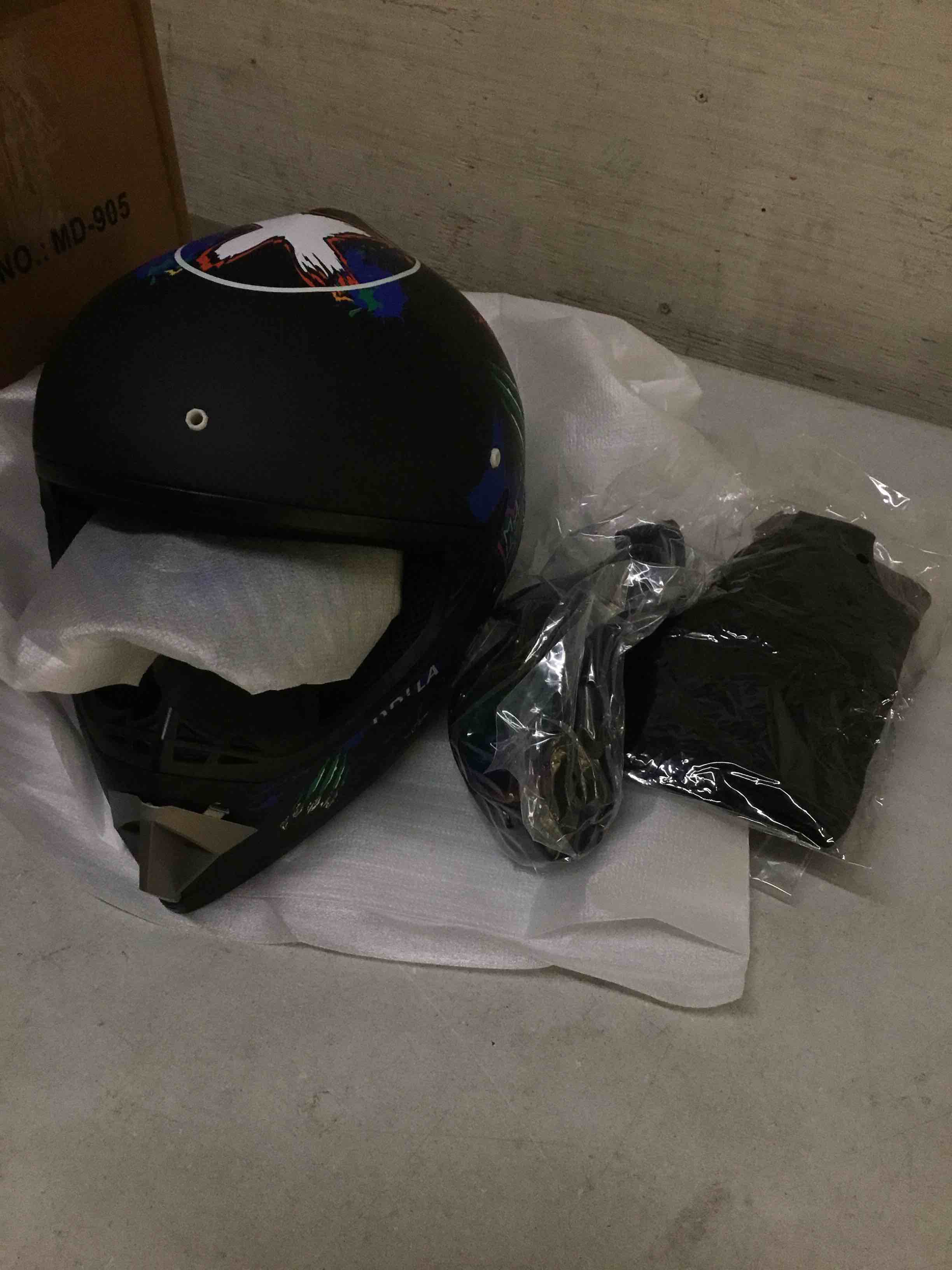 Condition photo showing New/Like New for youth sport full-face helmet for bmx, mountain bike & off-road motocross helmet, dot certified motorcycle helmet for dirt bike & atv, lightweight and comfortable, 4-piece set black claw x-large