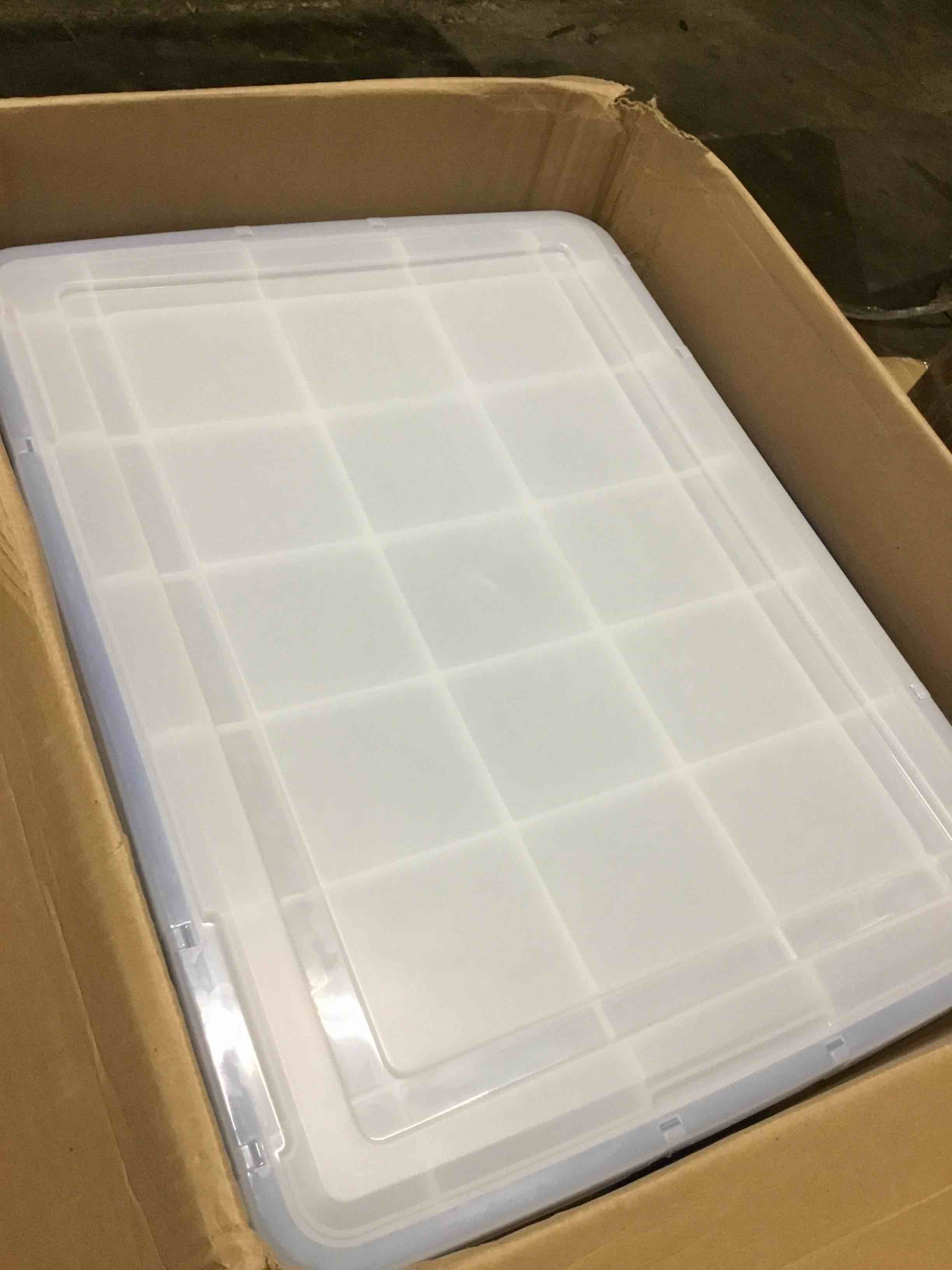 Condition photo showing As Is for (incomplete 2 pack only ) iris usa weatherpro 74 qt storage bins with lids, 3 pack, bpa-free plastic gasket box with tight latch and seal, stackable nestable tote tub - clear/blue 74 qt. - 3 pack