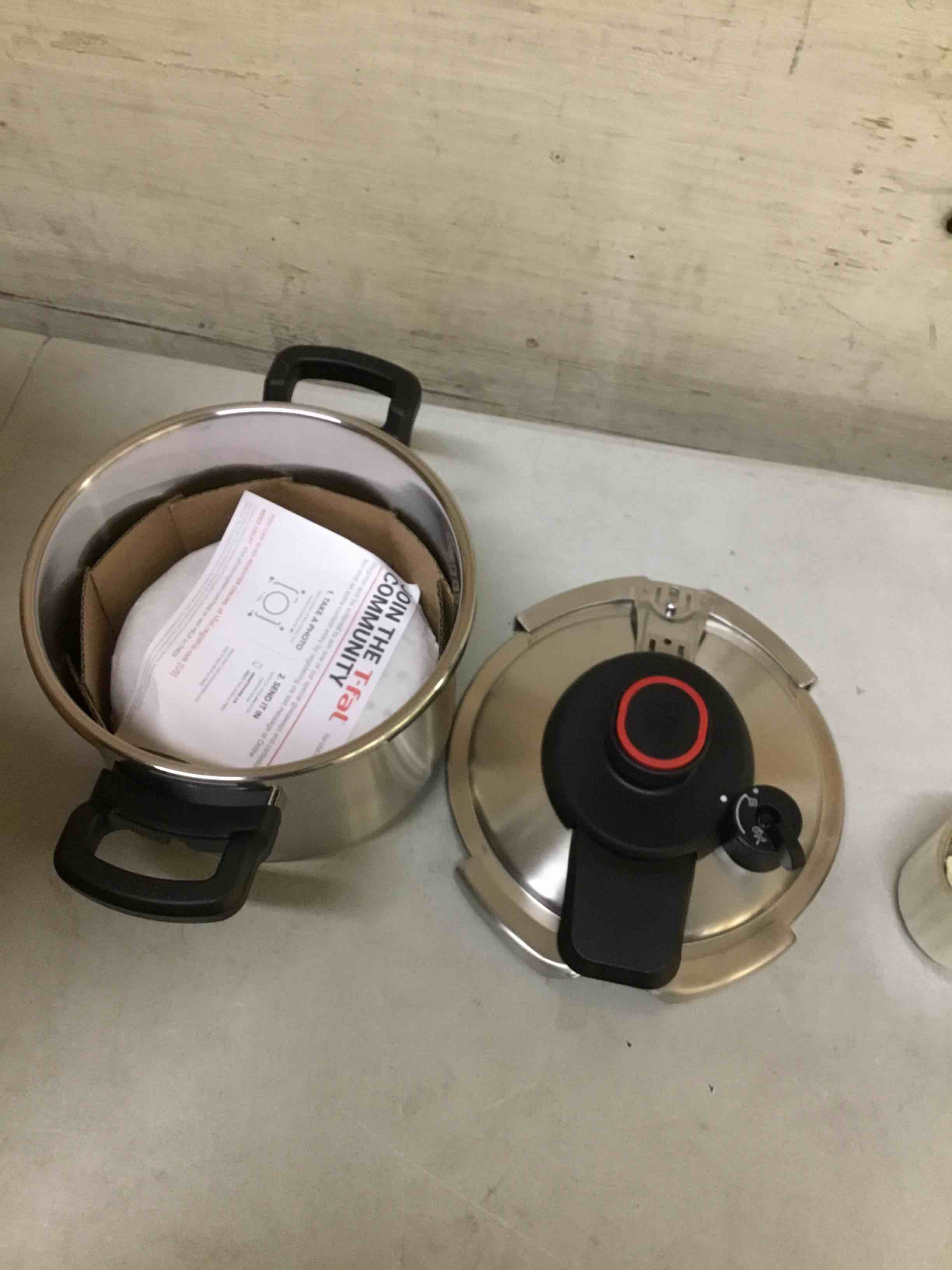 Condition photo showing As Is for (incomplete) t-fal clipso stainless steel pressure cooker, 6.3 quart, recipe book, steam basket, easy-open lid, secure locking system, adjustable pressure valve, induction cookware, pots and pans, kitchen, silver easy open pressure cooker 6.3 quarts