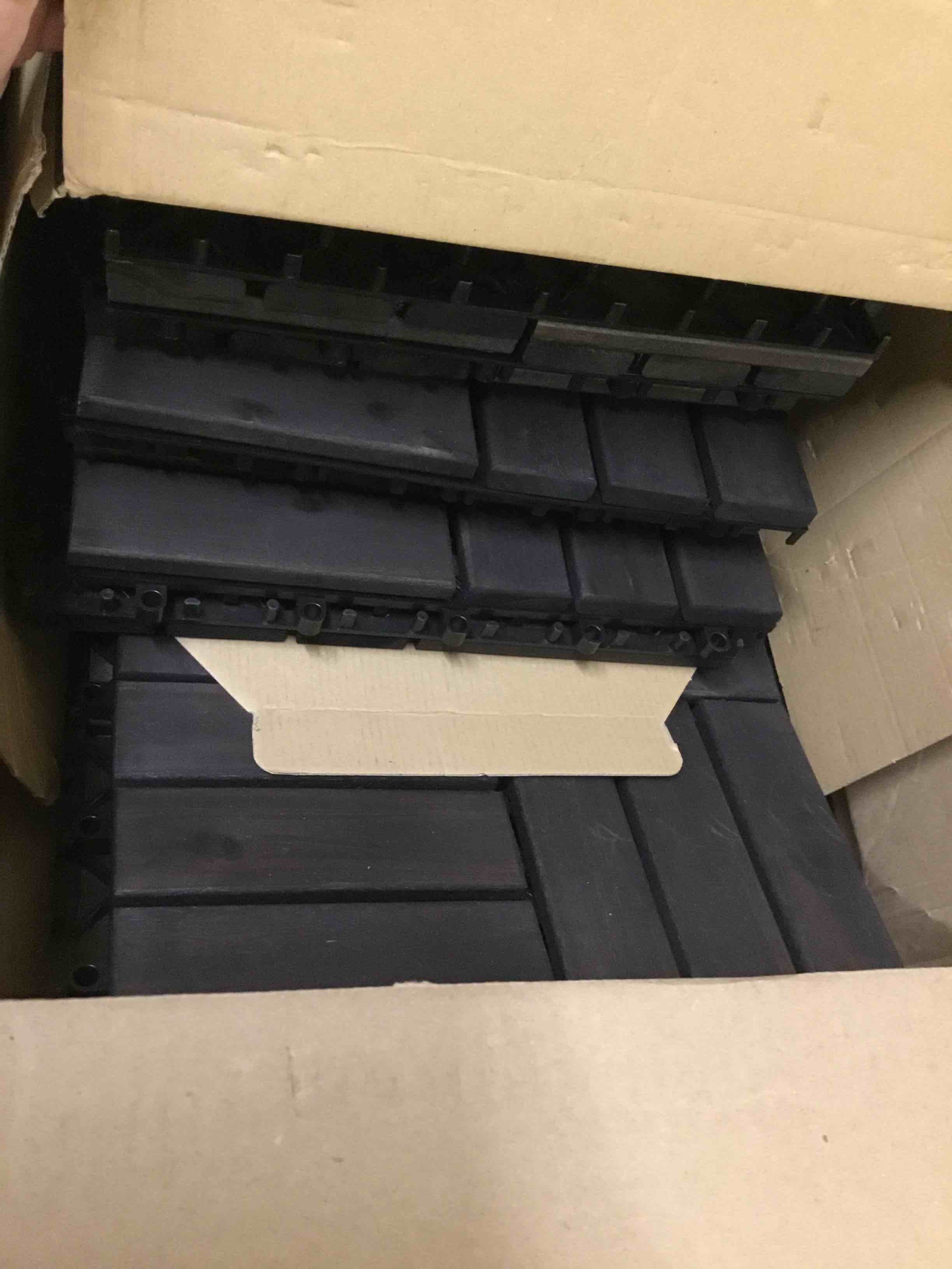 Condition photo showing As Is for ( incomplete 9 pcs only ) thyoi premium deck tiles, patio flooring - set 10 pcs 12”x12”x0.9” interlocking deck tiles, waterproof acacia wood for balcony, backyard, indoor & outdoor (espresso, crossed pattern, round joints) espresso 10