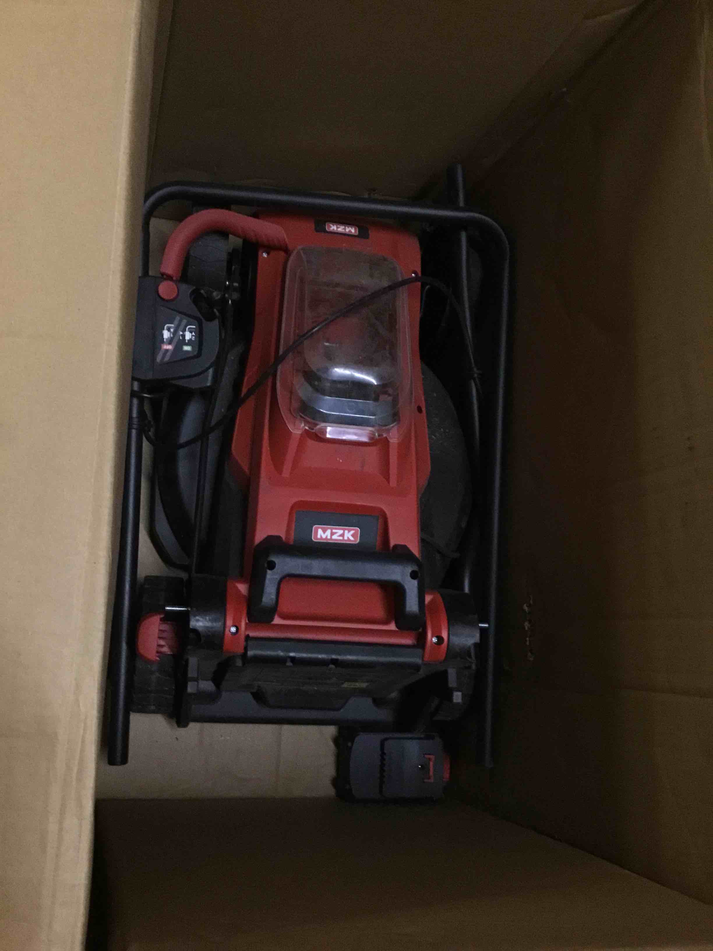 Condition photo showing As Is for mzk 20v 13" electric lawn mower, brushless cordless lawn mower with 4-position height