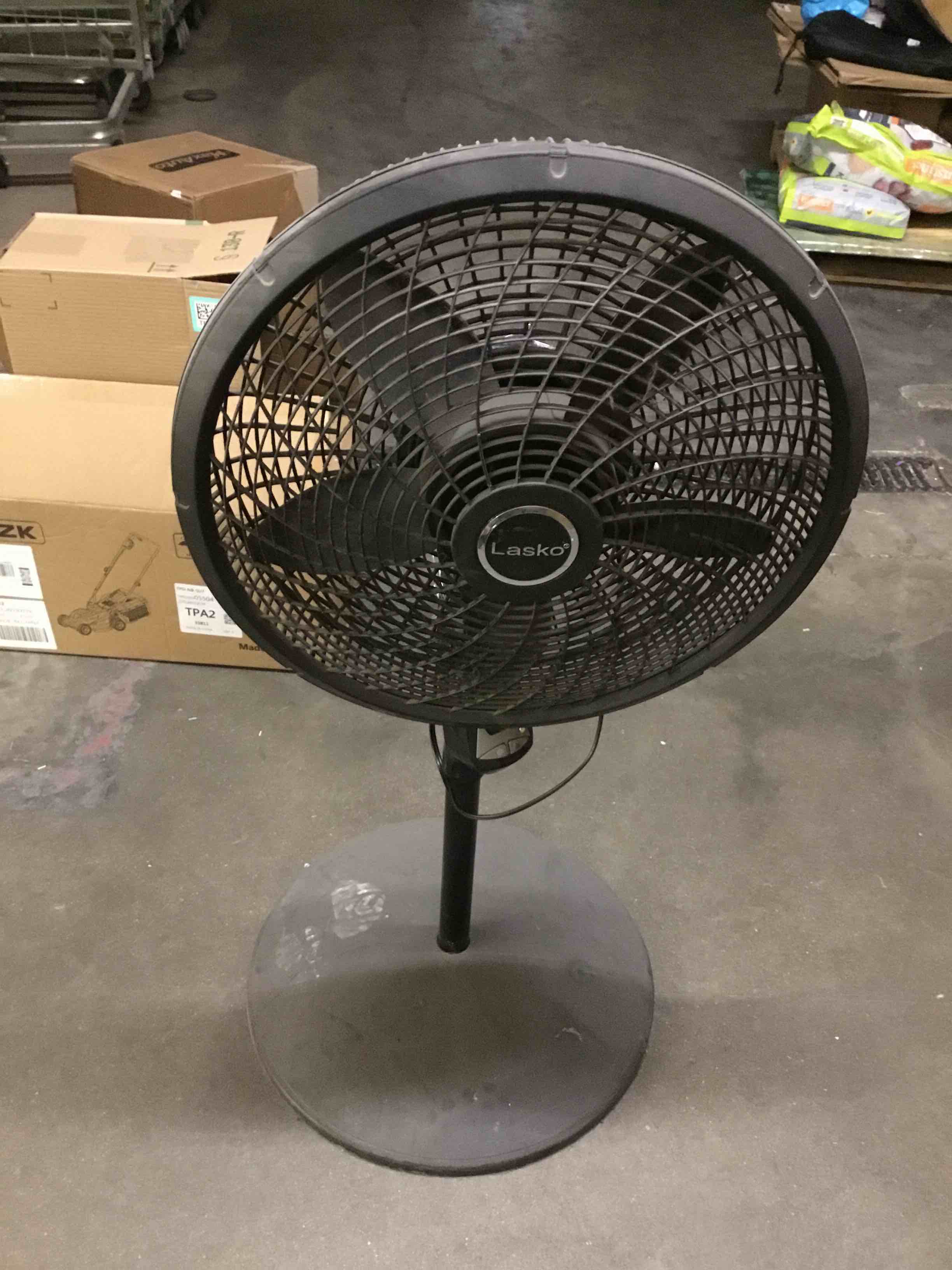 Condition photo showing As Is for ( incomplete missing remote) lasko oscillating cyclone pedestal fan, adjustable height, timer, remote control, 3 speeds, for bedroom, living room, home office, 18", black, 1843