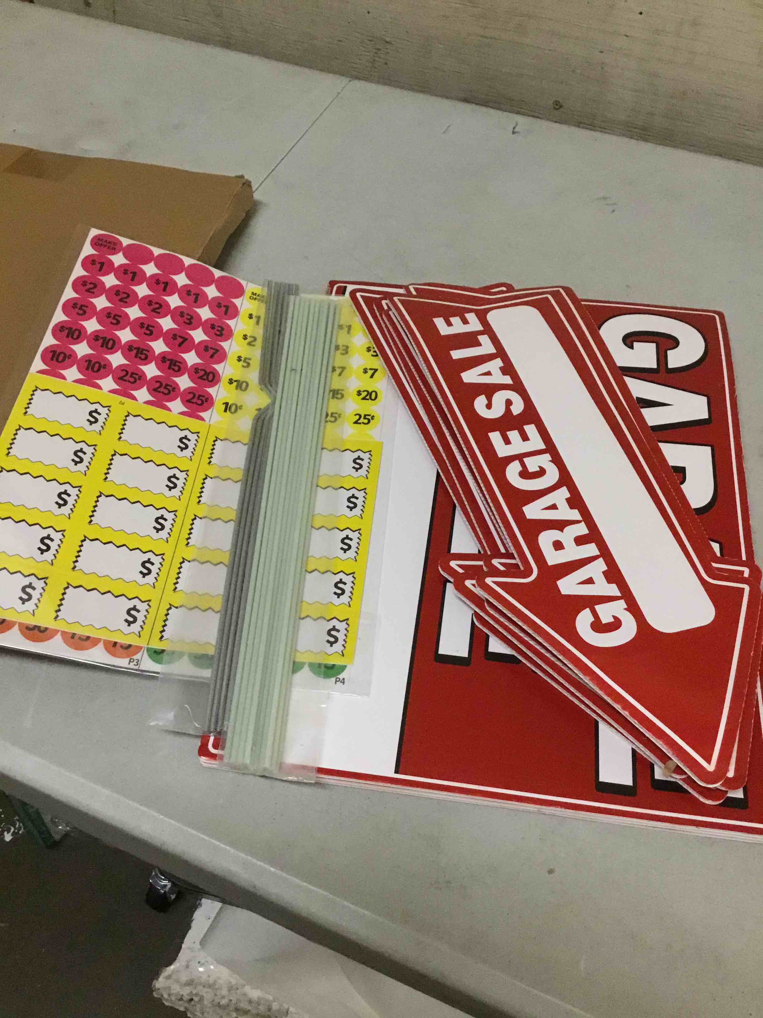 Condition photo showing New/Like New for 14pcs garage sale signs,17" x 13",garage sale arrows yard sign double sided with metal stake, sale pricing stickers,directional arrows & fluorescent neon stickers, yard sale supplies