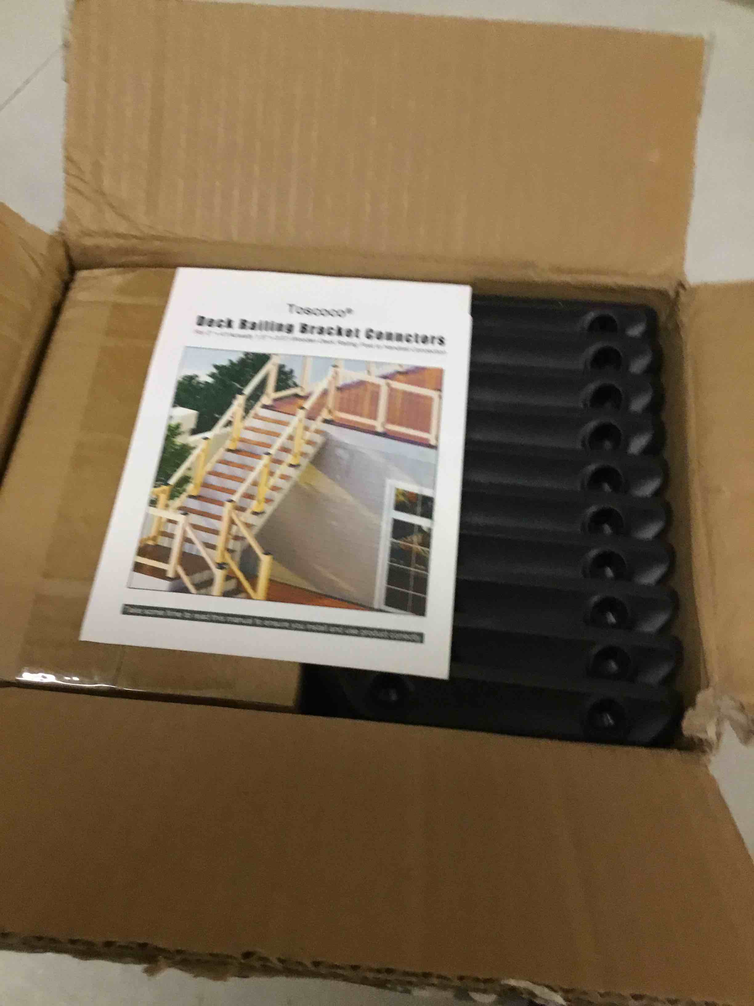 Condition photo showing New/Like New for 30 pcs deck railing bracket connectors for 2"×4“ (actually 1.5”x3.5“) wood post to handrail connection, railing connectors with 210 pcs galvanized black screws for wooden stair fence railings