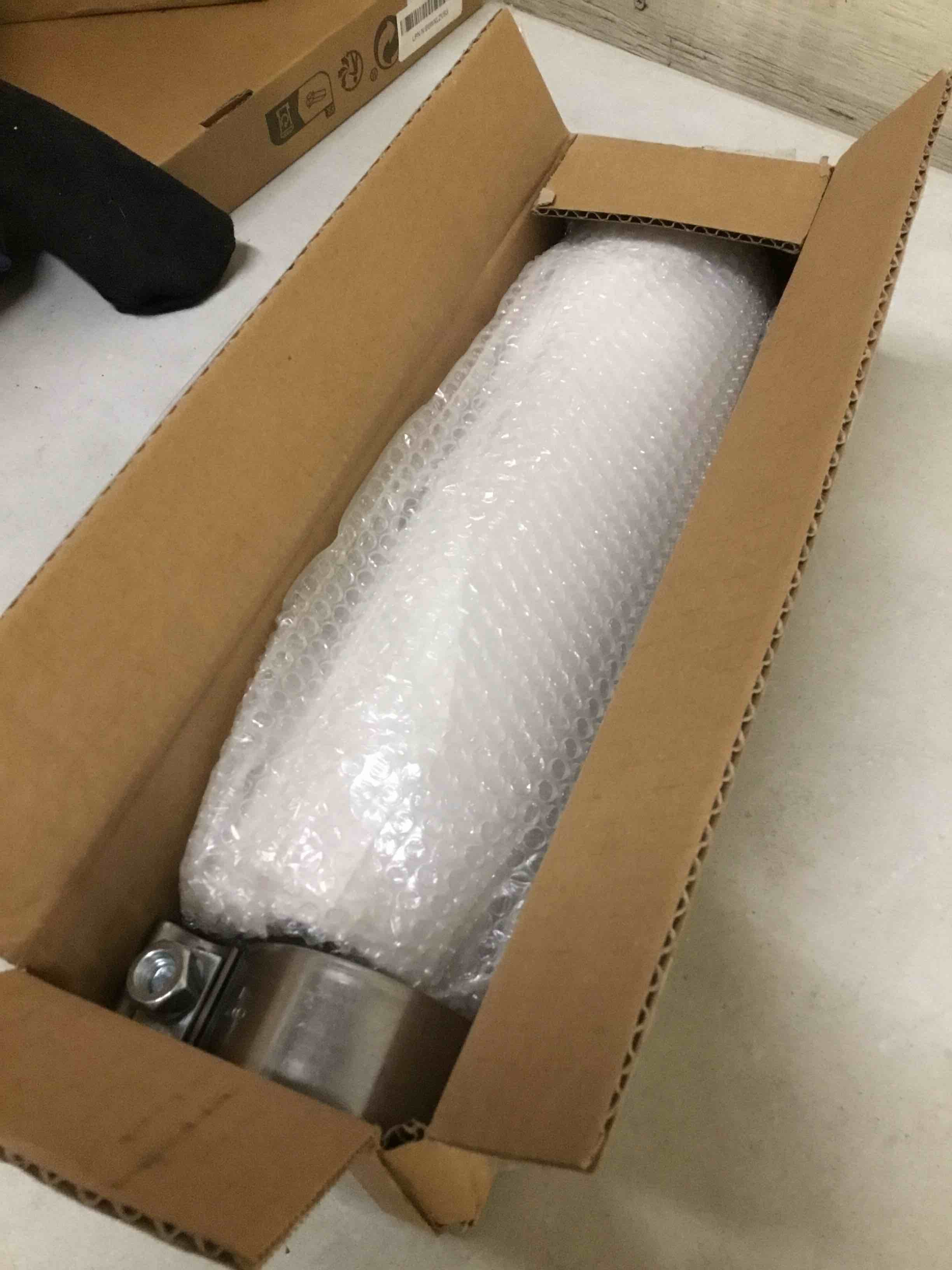 Condition photo showing Good Condition for exhaust tip 2.5" inlet to 3.0" outlet, polished finish stainless steel double wall slant cut exhaust tail tip for 2.5" outside diameter tailpipe(universal, 12"/305mm length)