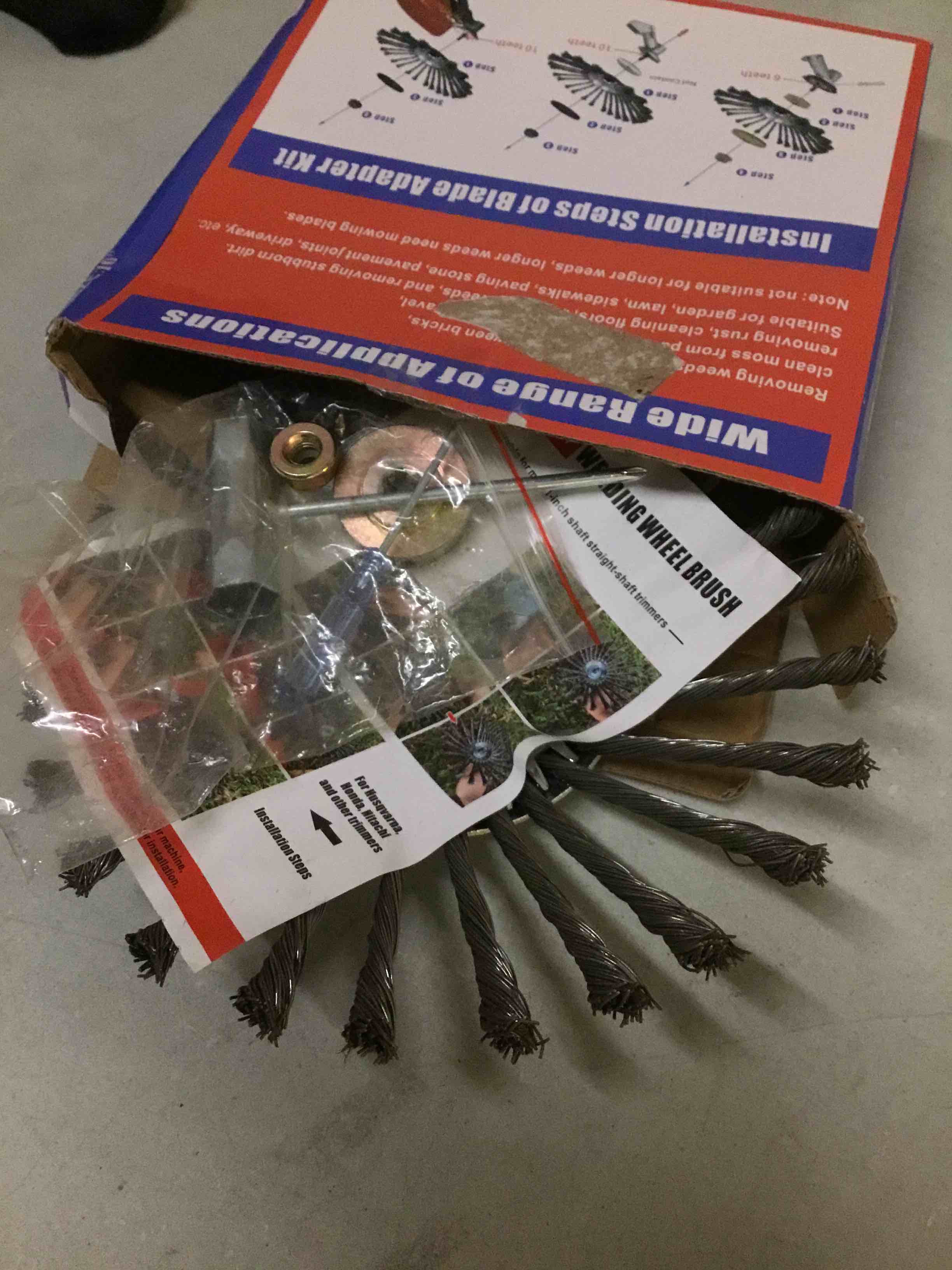 Condition photo showing As Is for 10 inch steel wire weed wheel brush weed trimmer head, unbreakable wired trimmer blade head, wire rotary brush for weed eater, brush cutter, weed wrackers, for moss grass rust removal