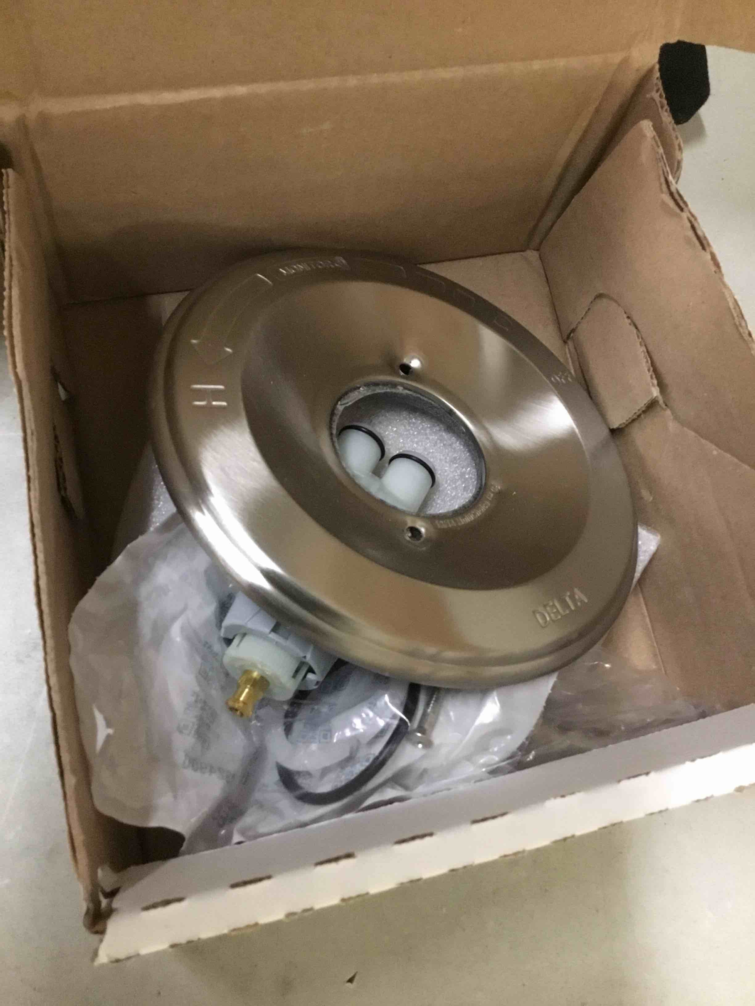 Condition photo showing As Is for delta foundations 13 series single-function valve trim kit, brushed nickel handle set for shower faucet system, stainless bt13010-ss (valve not included) stainless valve only