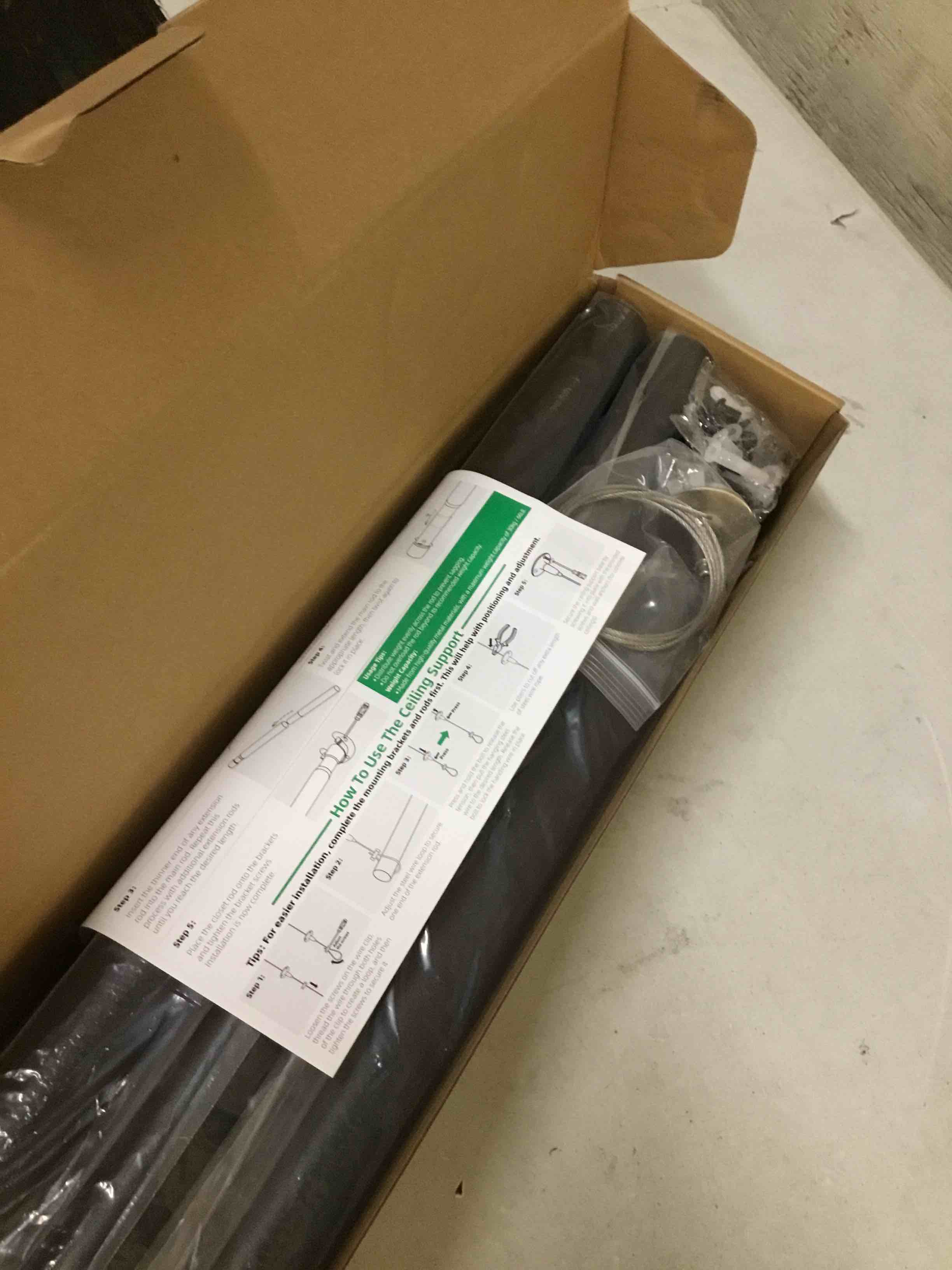 Condition photo showing New/Like New for closet rods for hanging clothes, 17 to 99 inch stepless adjustable closet rod, 1.3 inch diameter metal heavy duty closet hanging rod for closet wardrobes laundry rv, black matte black 17-99in