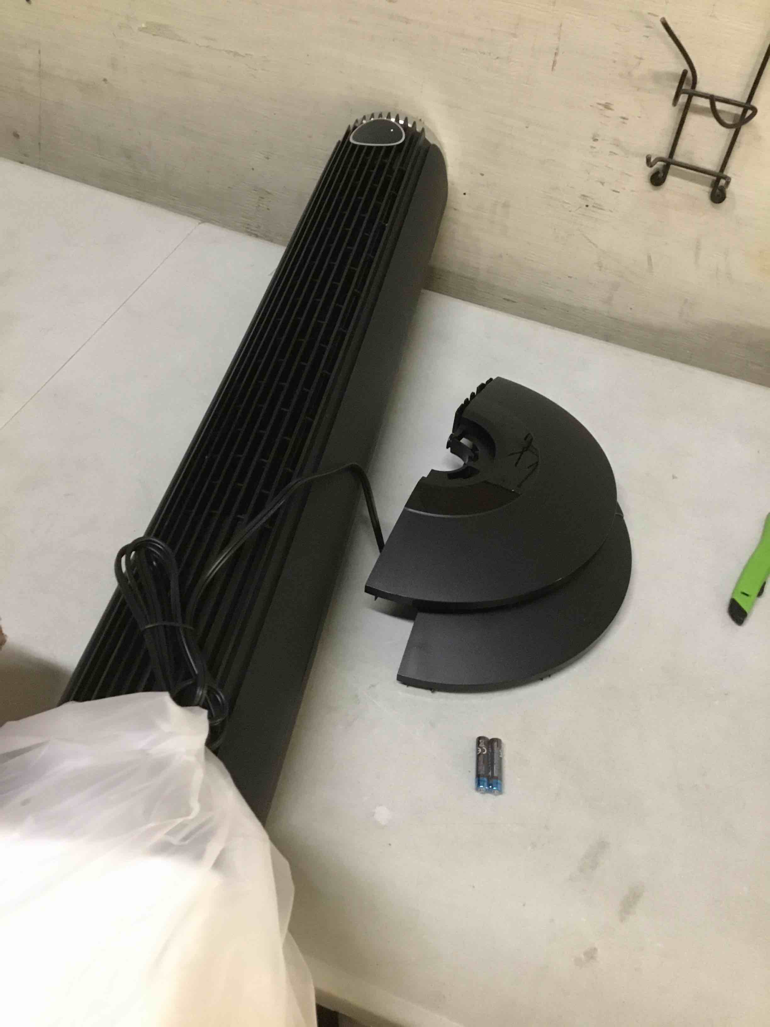 Condition photo showing As Is for ( incomplete missing remote) dreo smart tower fan for bedroom, 40”-45” adjustable height, 28 ft/s velocity, dc motor, 9 speeds, 4 modes, 90°oscillating, standing fan, 20db quiet, 12h timer for home, office, google/alexa, black