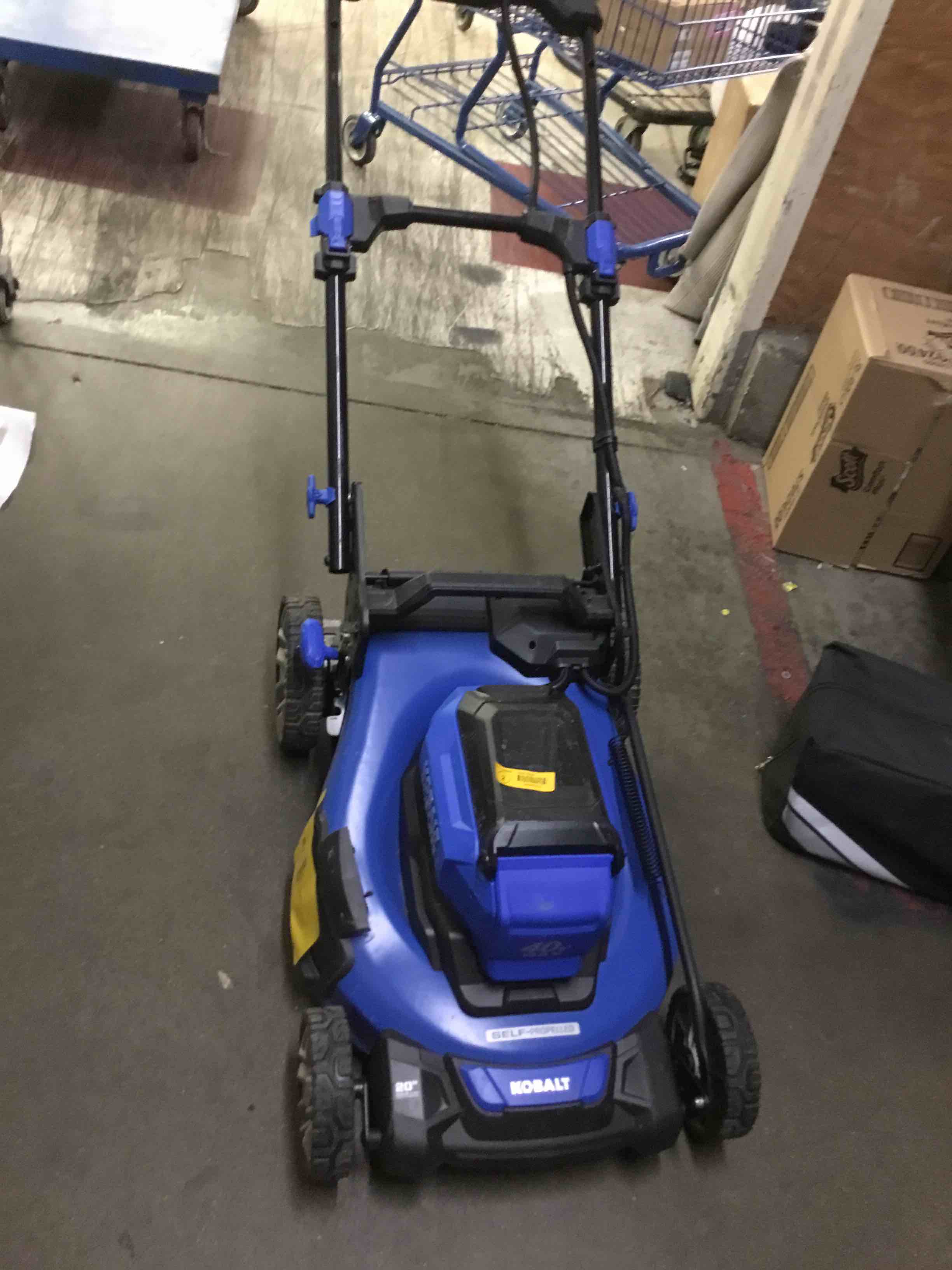 Condition photo showing As Is for ( incomplete ) kobalt gen4 40-volt, 20-in self propelled battery walk mower with (1) 6 ah battery included