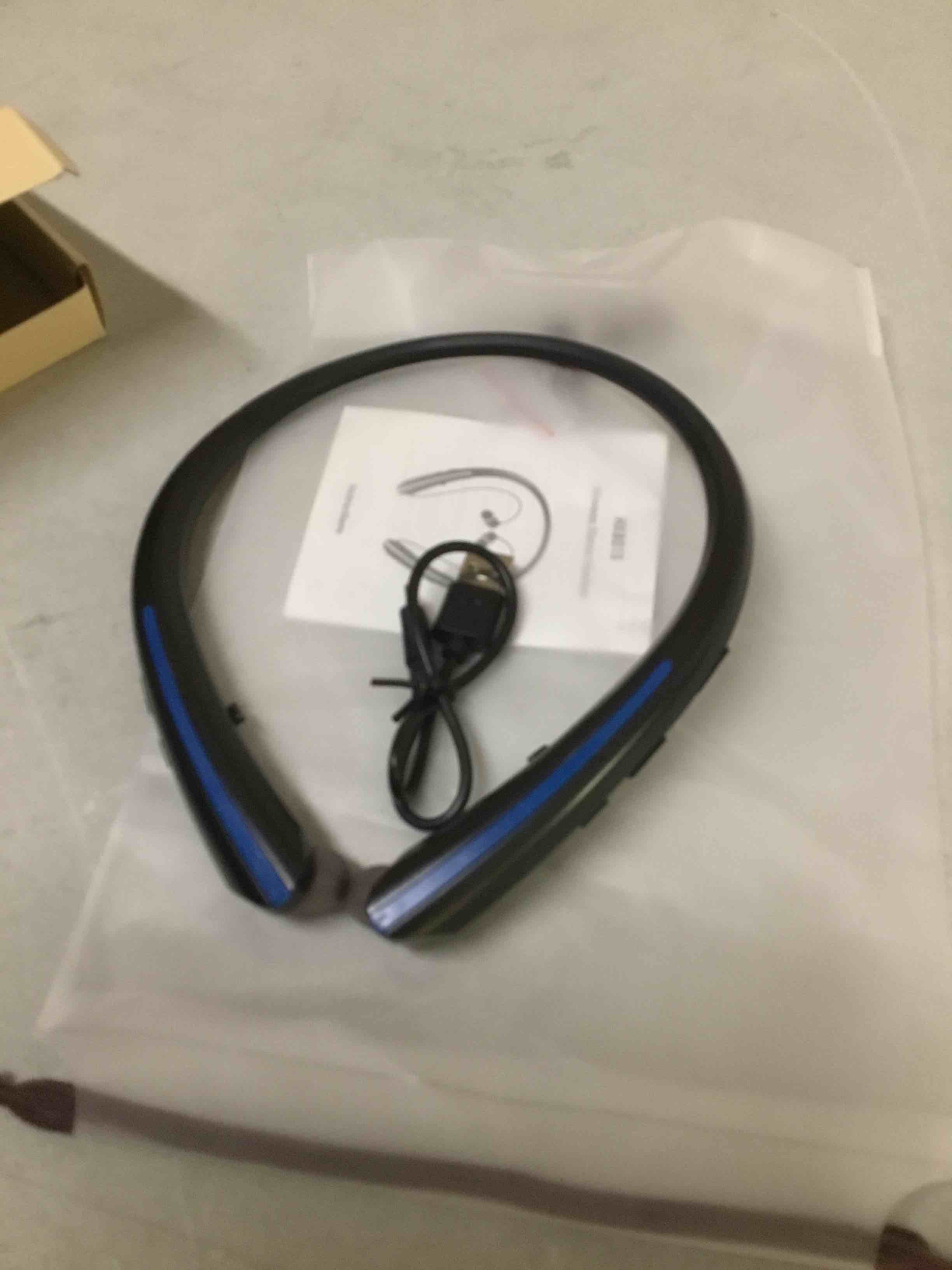 Condition photo showing As Is for retractable neckband bluetooth headphones, 22h playtime wireless earbuds, auto-coil cord, hands-free call with cvc 8.0 & noise cancellation, secure & comfortable fit, black & blue