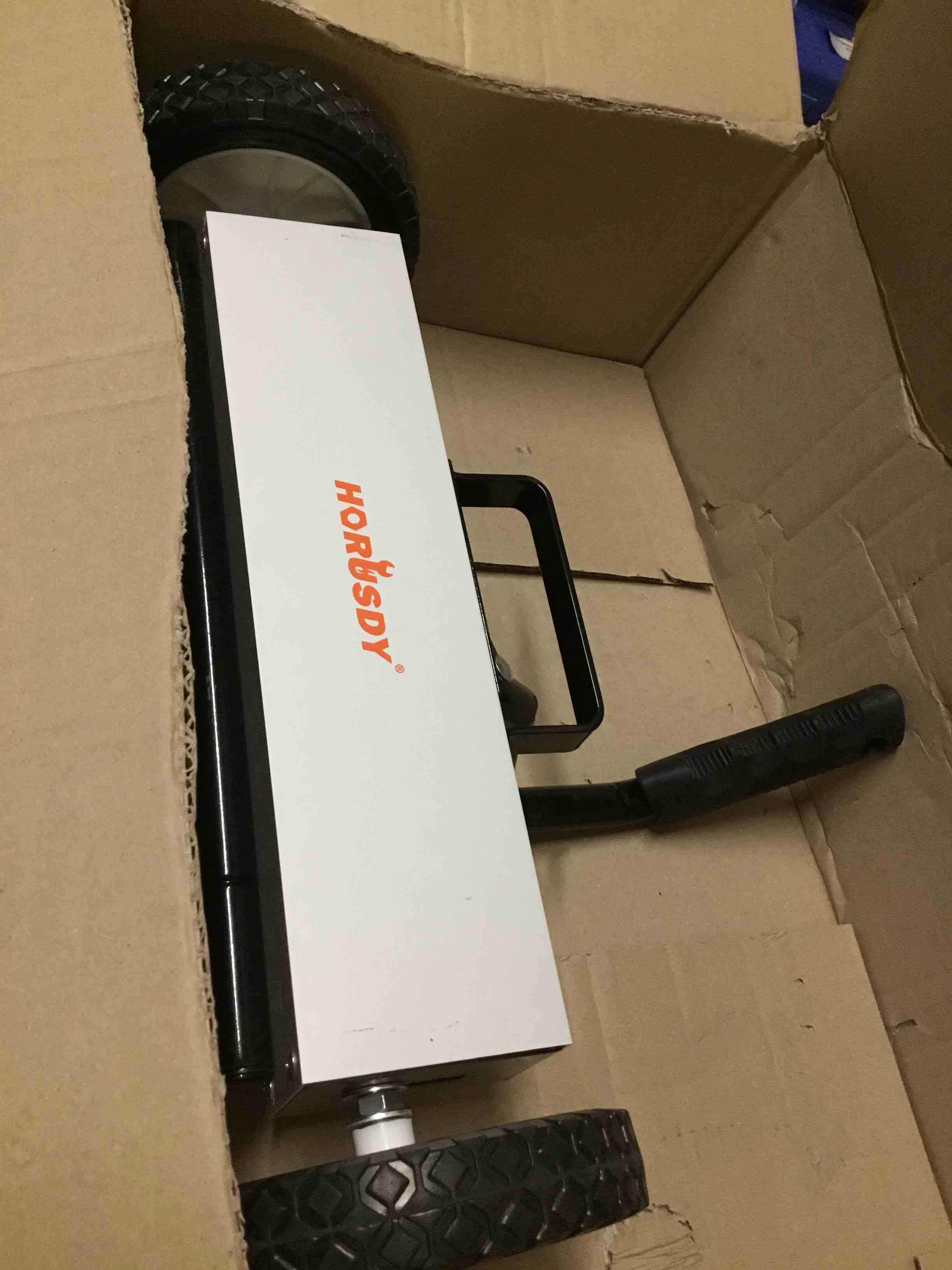 Condition photo showing As Is for horusdy 18-inch rolling magnetic sweeper with wheels, magnet pickup sweeper, push-type nail magnet sweeper for workshop, garage, and yard cleanup