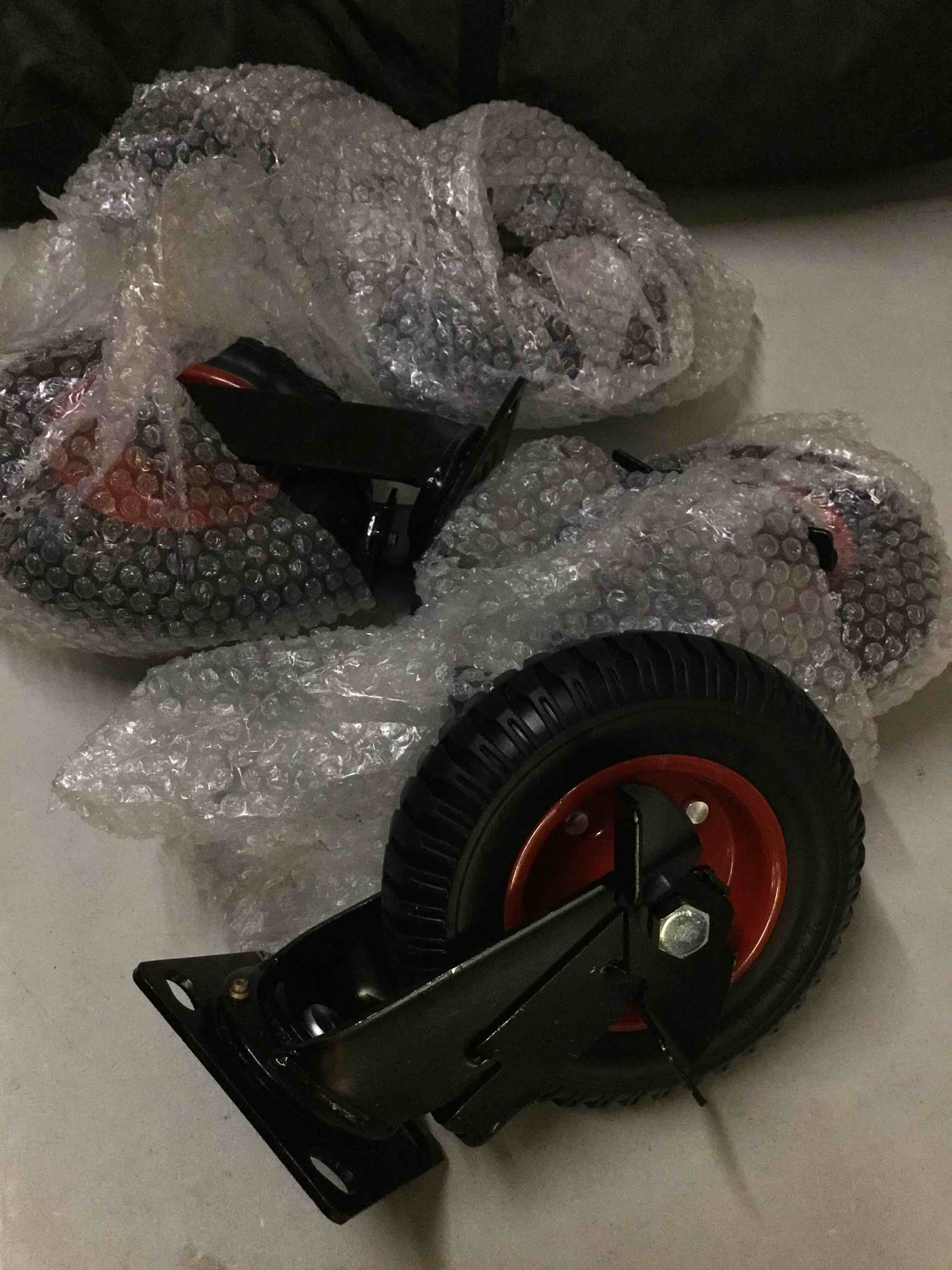 Condition photo showing As Is for 8 inch outdoor heavy duty casters wheels set of 4, sturdy large rubber casters with brake 2200 lbs, industrial grade plate swivel castors with knobby tread for dollies, cart, machine