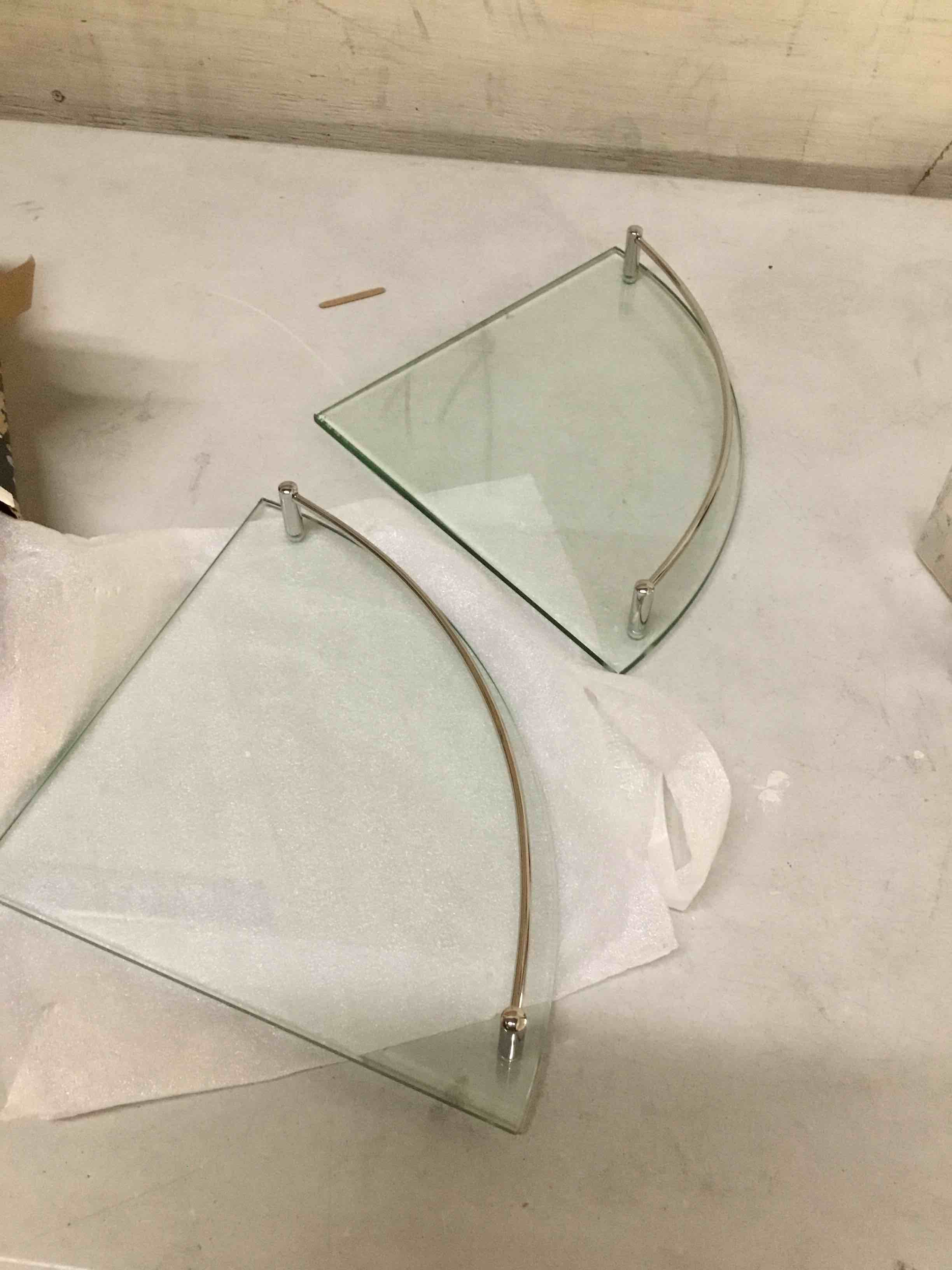 Condition photo showing As Is for ( incomplete missing hardware) kes glass corner shelf with hooks 18/8 stainless steel, tempered glass bathroom corner shelf with rail, shower glass shelf 2 pack wall mounted, polished finish, bgs2101a-p2 2 polished finish