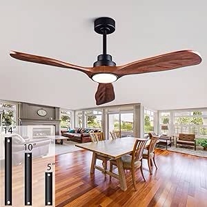 ceiling fans with lights and remote,52 inch unique wood ceiling fan with noiseless reversible dc motor,3 blades,3 downrods, for farmhouse,patio living room,bedroom,office,indoor outdoor(black+walnut)