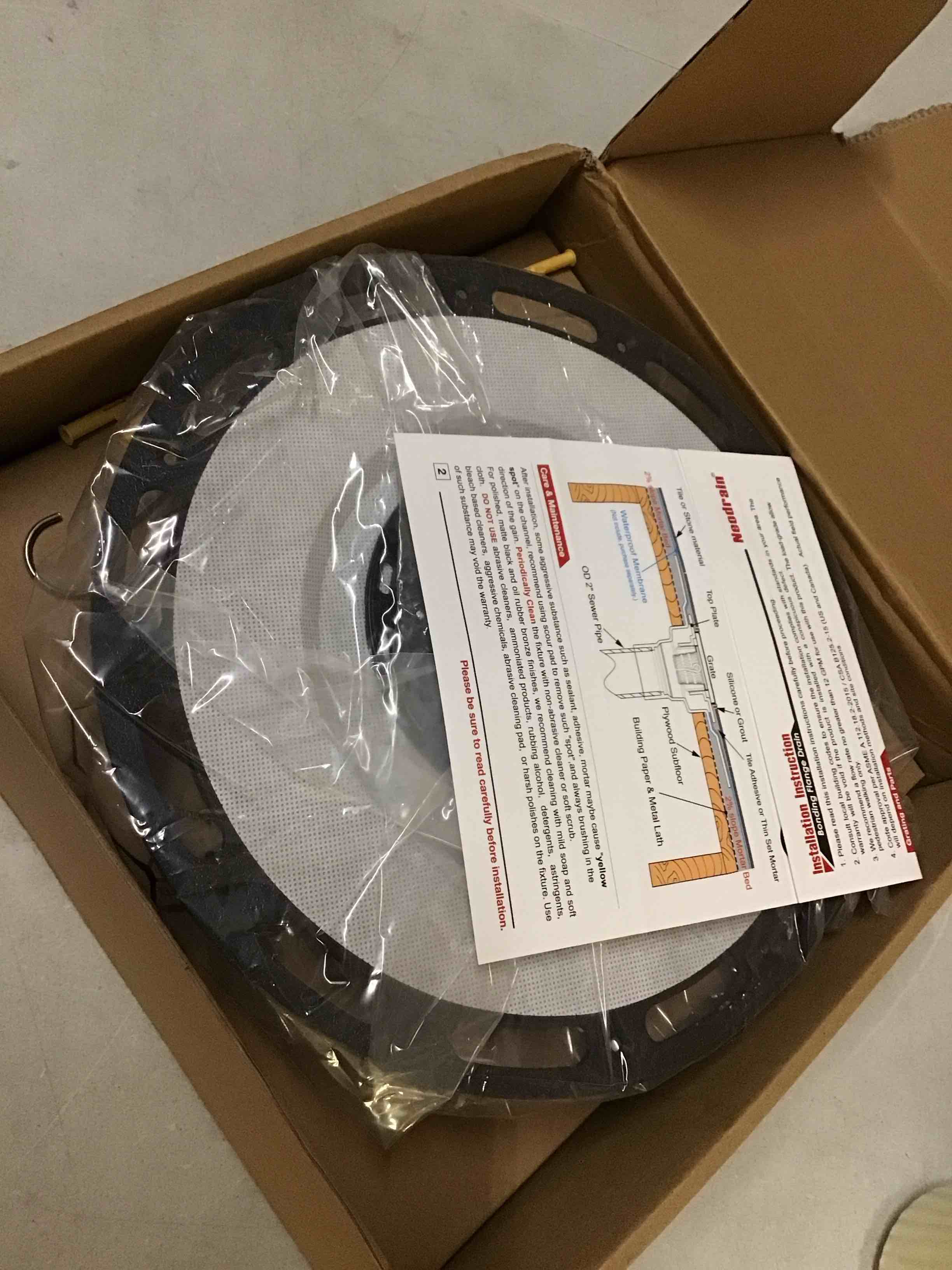 Condition photo showing As Is for neodrain 4 in square shower drain brushed 304 stainless steel, with removable drain grate & drain key, abs bonding flange base for low profile shower pan, cupc certified brushed 4 in with abs base