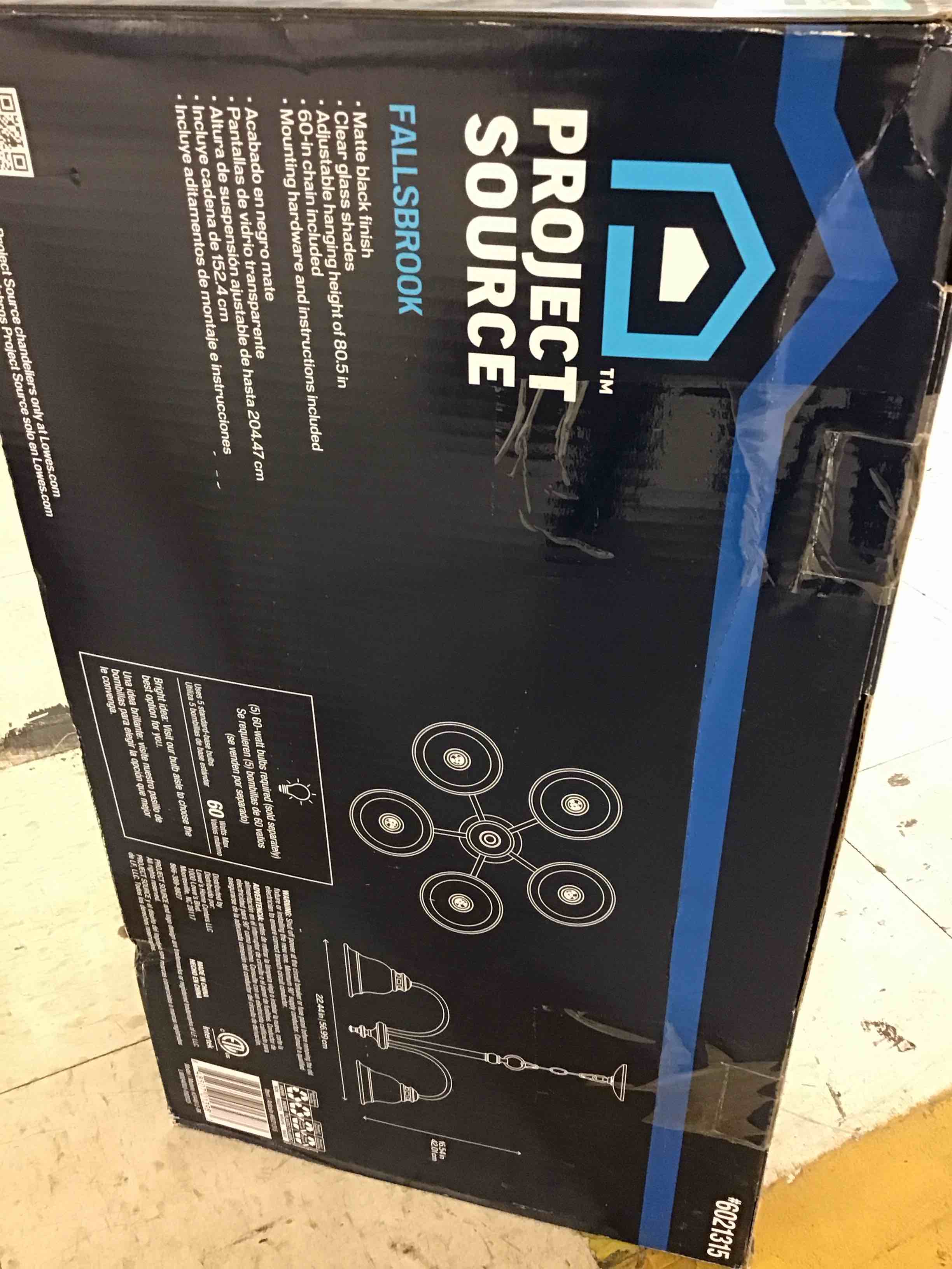 Condition photo showing Good Condition for project source fallsbrook 5 -light matte black clear glass steel chandelier item #6021315