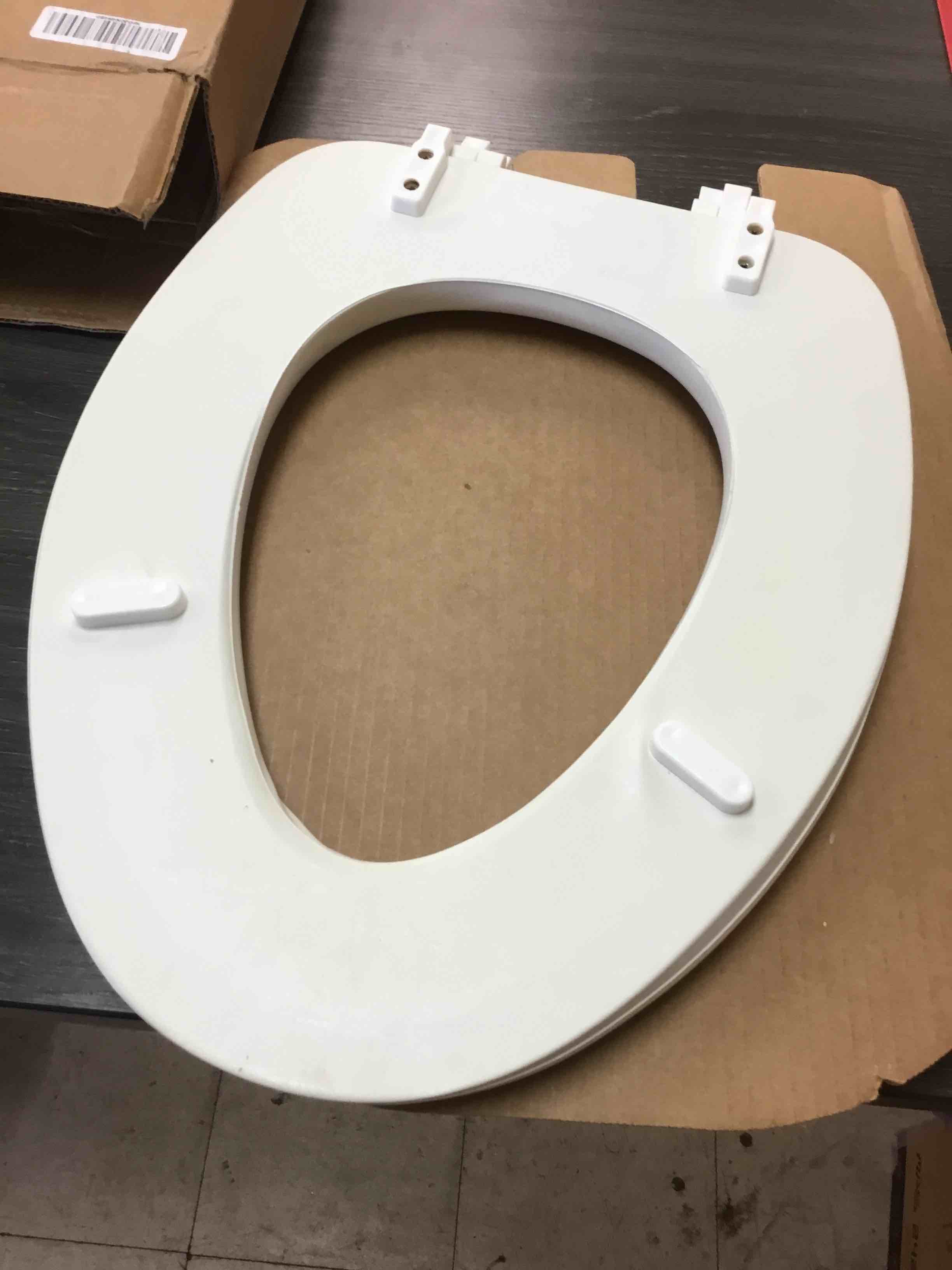Condition photo showing As Is for mayfair by bemis padded toilet seat, cushioned soft vinyl over wood core seat, secure hinges, easy clean, made in usa, elongated, white