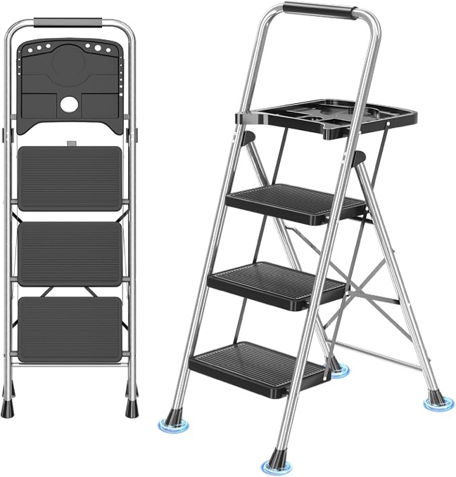 diamondforge 3-step ladder folding step stool with tool platform & anti-slip wide pedal, heavy duty steel construction, 600 lbs capacity for home & office, grey