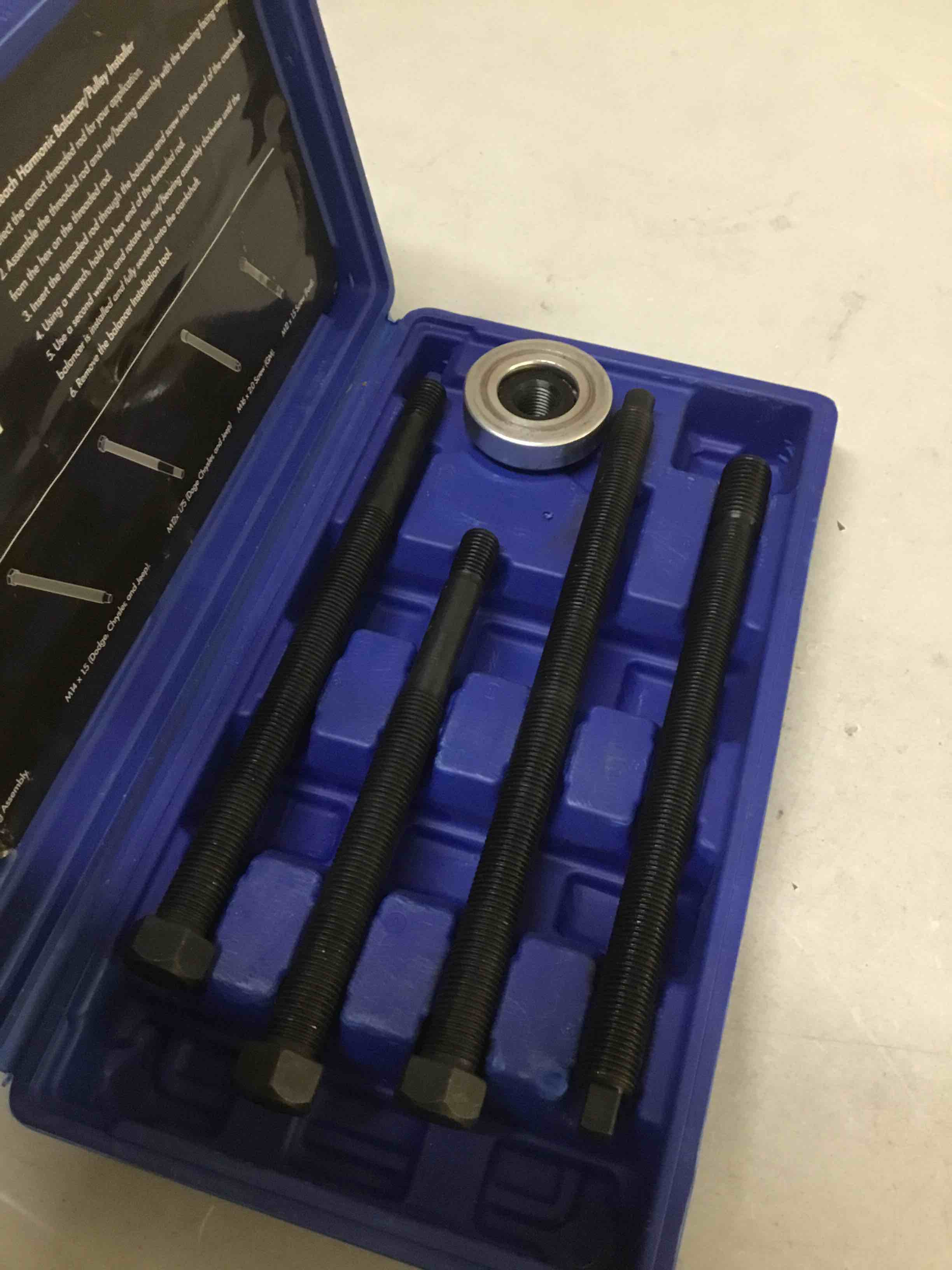 Condition photo showing As Is for orion motor tech harmonic balancer installer set, 5pc long reach crank pulley underdrive pulley damper installation tool kit with 4 adapters & nut bearing blue harmonic balancer installer