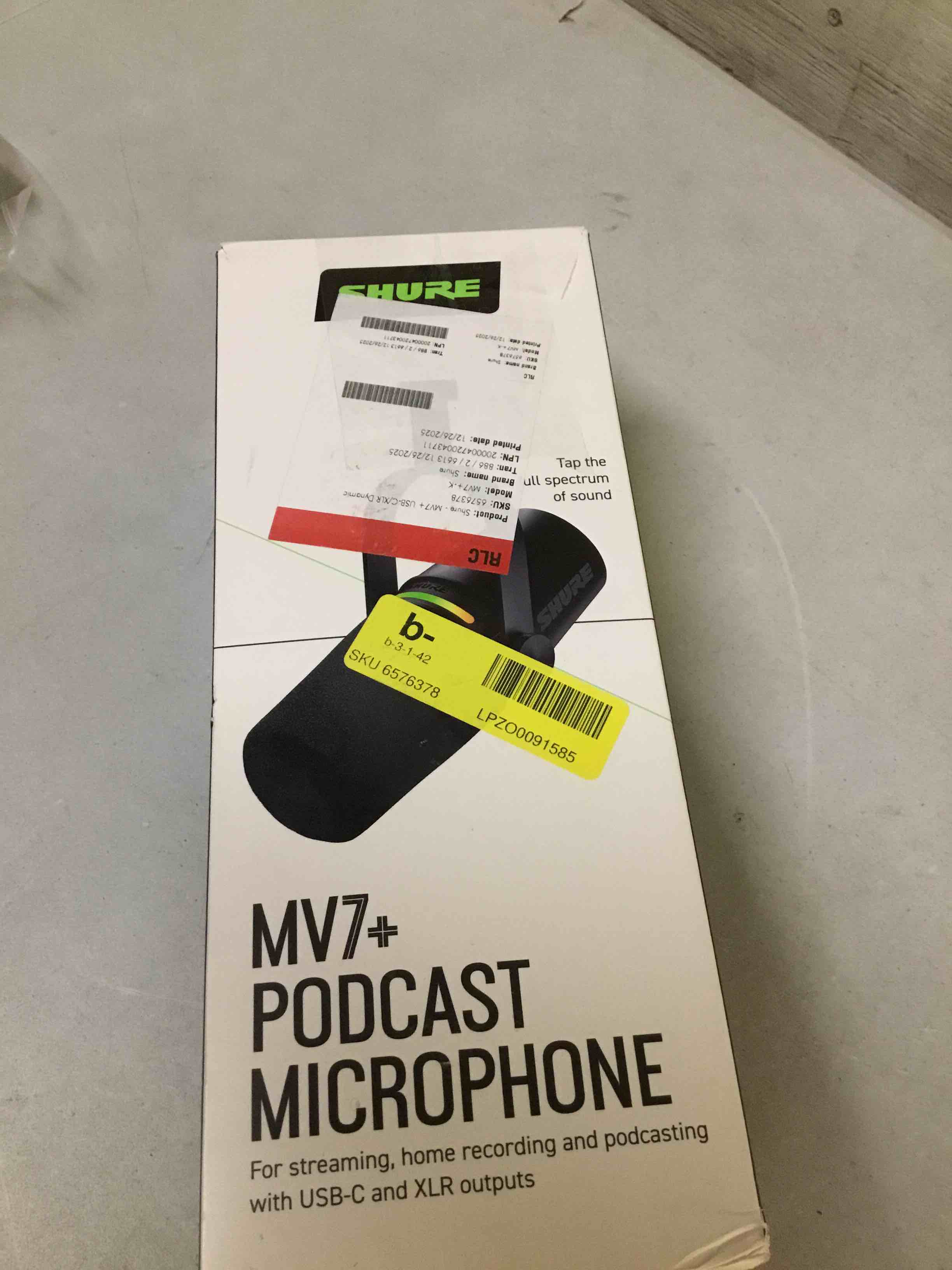 Condition photo showing As Is for shure mv7+ podcast dynamic microphone. obs certified, enhanced audio, led touch panel, usb-c & xlr outputs, auto level mode, digital pop filter, reverb effects, podcasting, streaming, recording -black