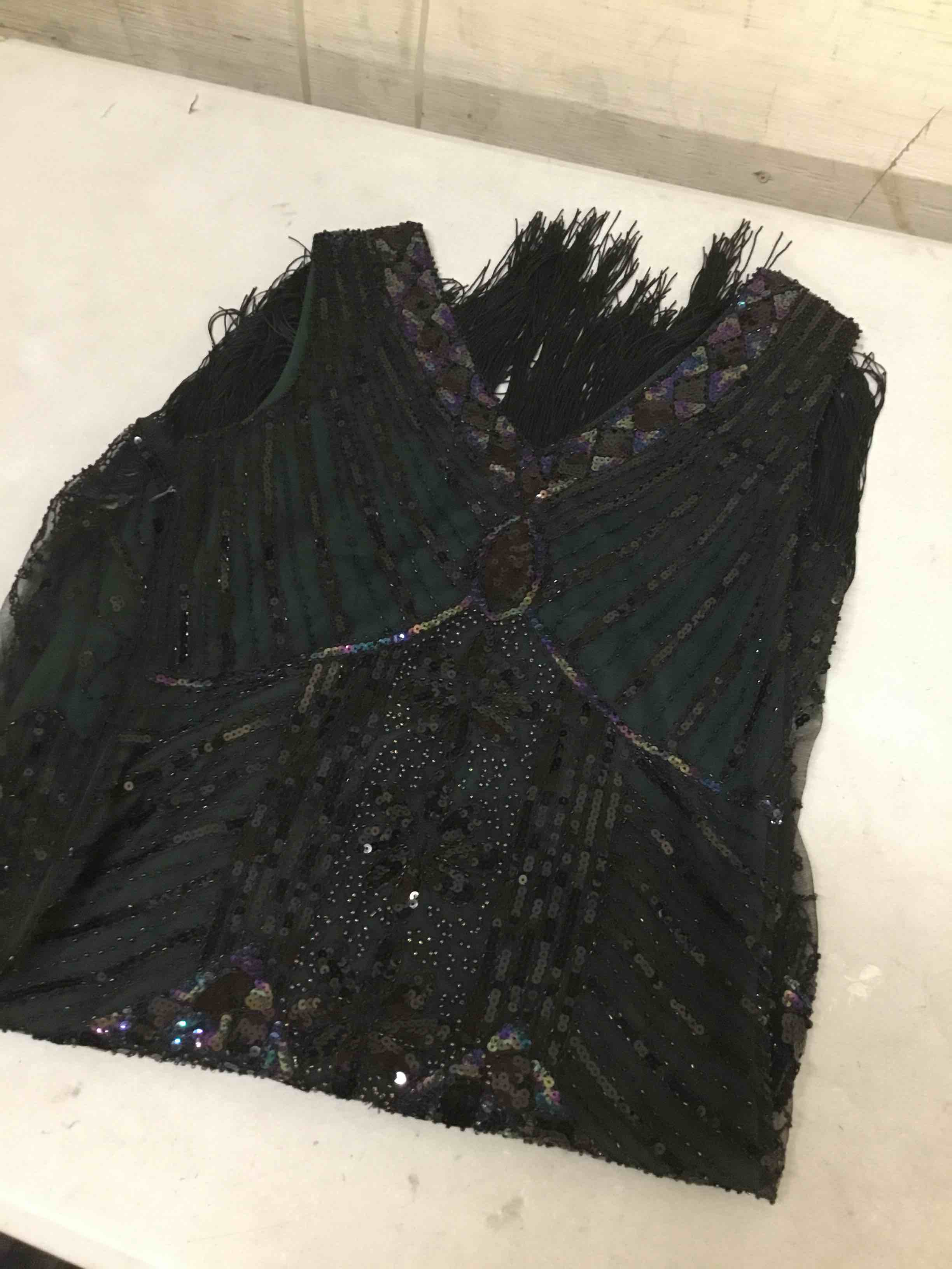 Condition photo showing Good Condition for size medium fringe sequin prom dresses women sleeveless v neck tassel ball gowns midi formal dress wedding guest cocktail party