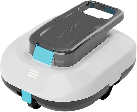 starrybot cordless robotic pool cleaner with dual high-efficiency motors delivers strong suction, smart self-parking,smart led indicator,pool vacuum for above-ground flat pool up to 900 sq.ft(white)