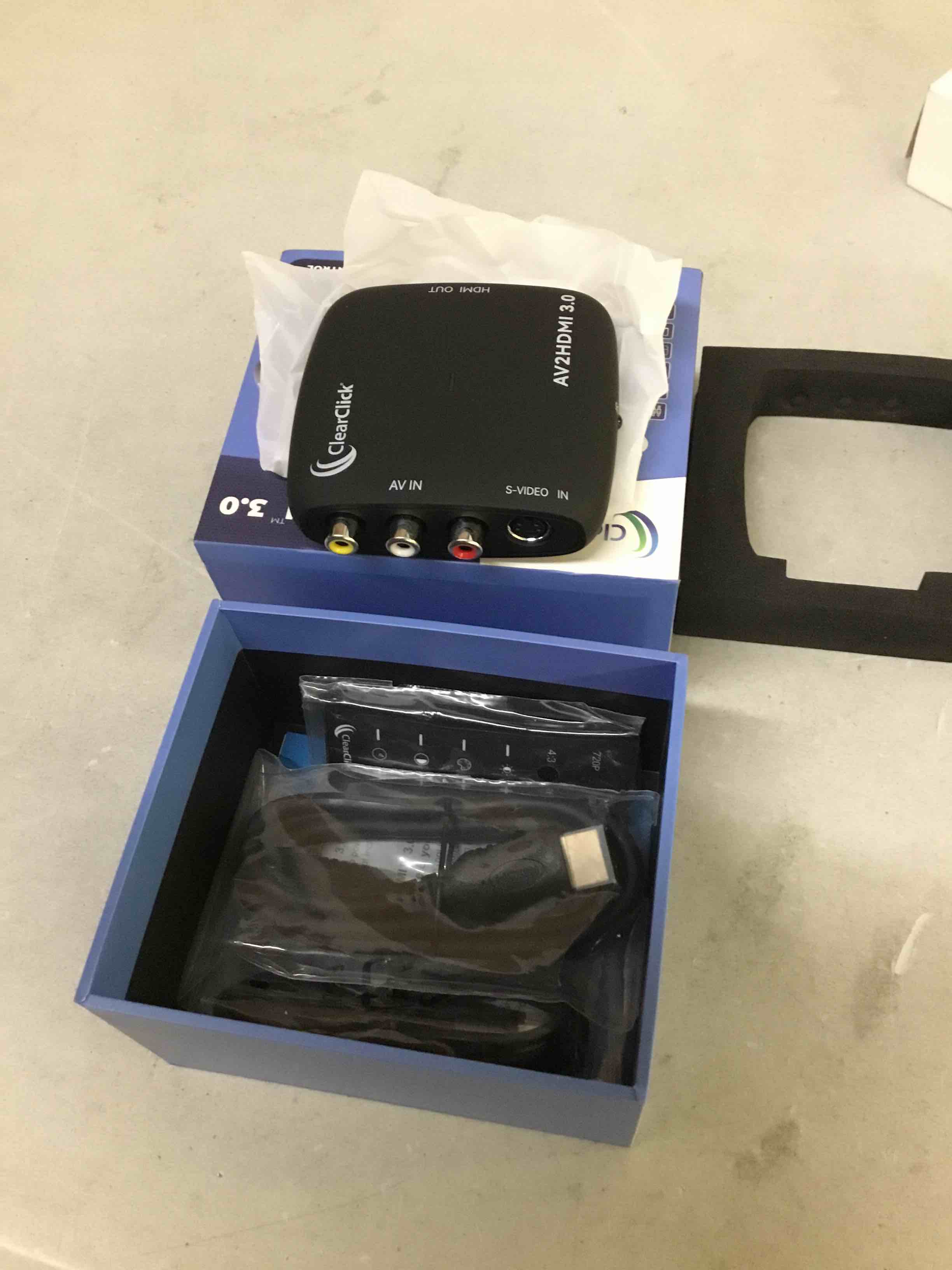 Condition photo showing New/Like New for clearclick av to hdmi converter 3.0 (third generation) - 1080p rca or s-video to hdmi upscaler - with remote control for image adjustment - vhs, vcr, camcorder, dvd, tv, gaming systems, pal, ntsc