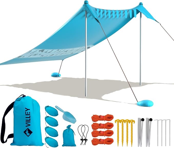 villey beach tent sun shelter, sun shade with upf50+ protection | outdoor shade canopy with 2 stability poles, 8 ground pegs, 4 sandbags and sand shovel for camping, backyard and picnics