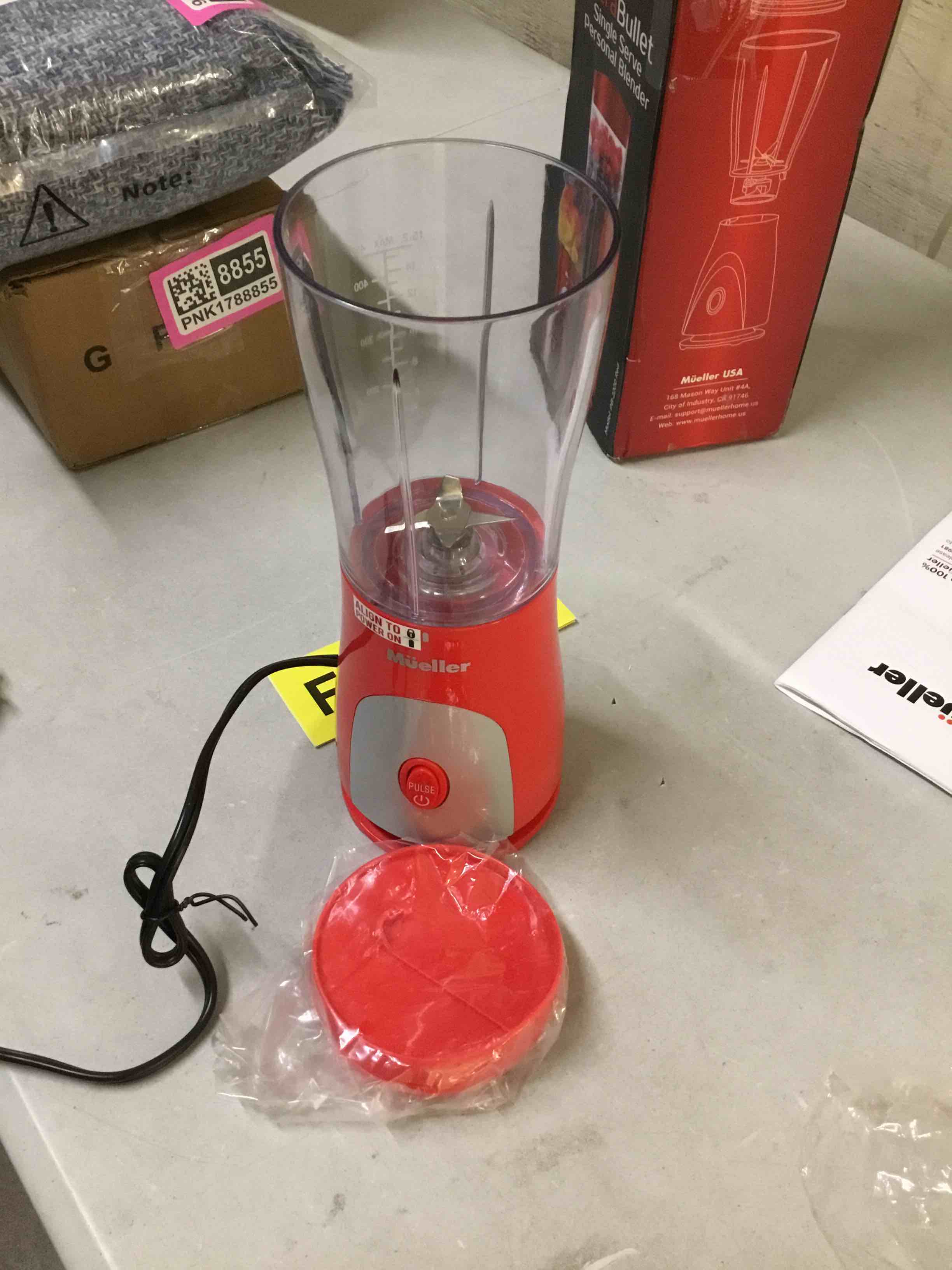 Condition photo showing As Is for mueller smoothie blender for smoothies - personal blender for shakes, frozen drinks, baby food & more, 15oz travel cup and lid, durable stainless steel blades for powerful blending performance, red