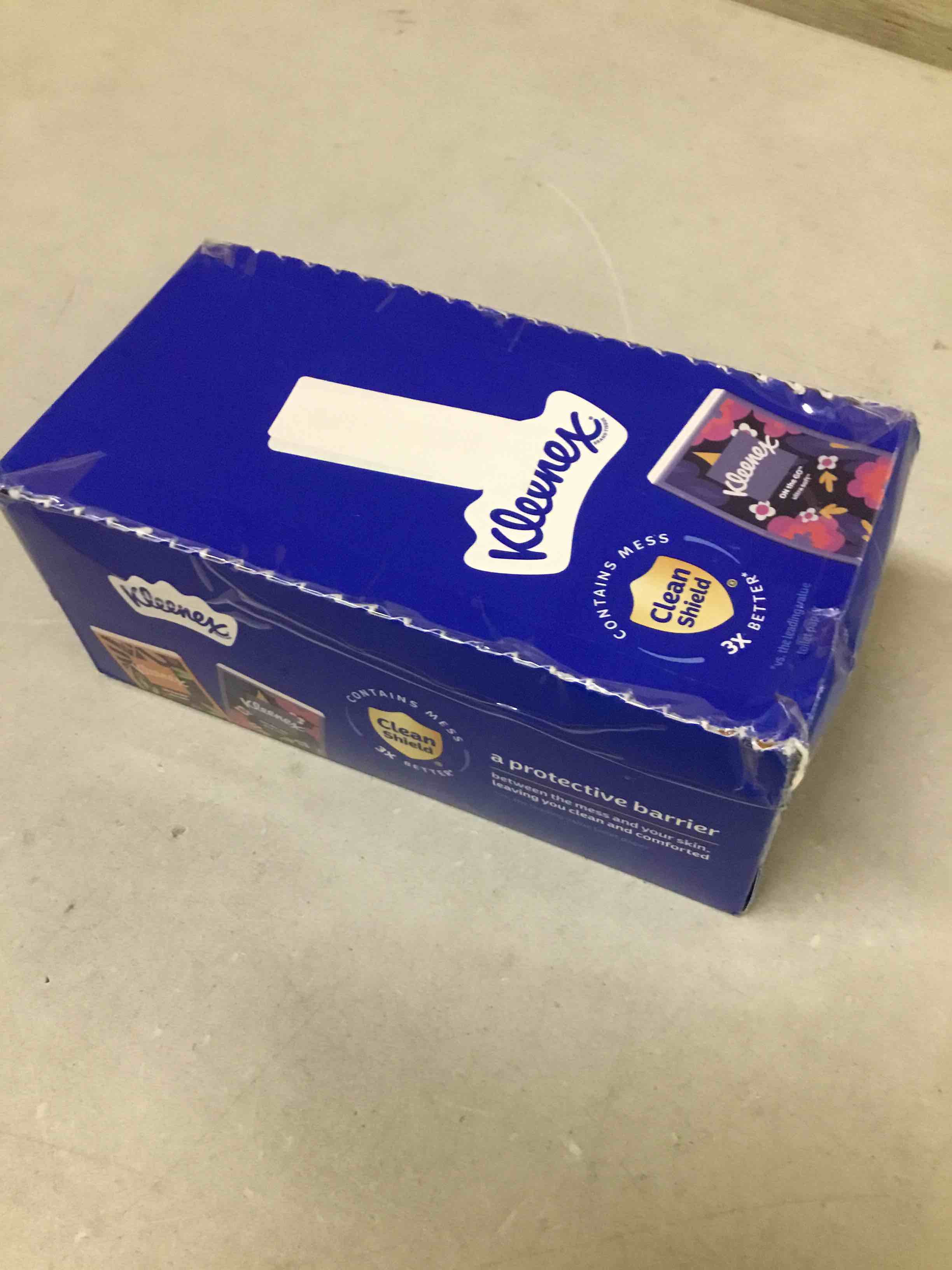Condition photo showing As Is for kleenex on-the-go facial tissues, 16 on-the-go packs, 10 per box, 3-ply (160 total),