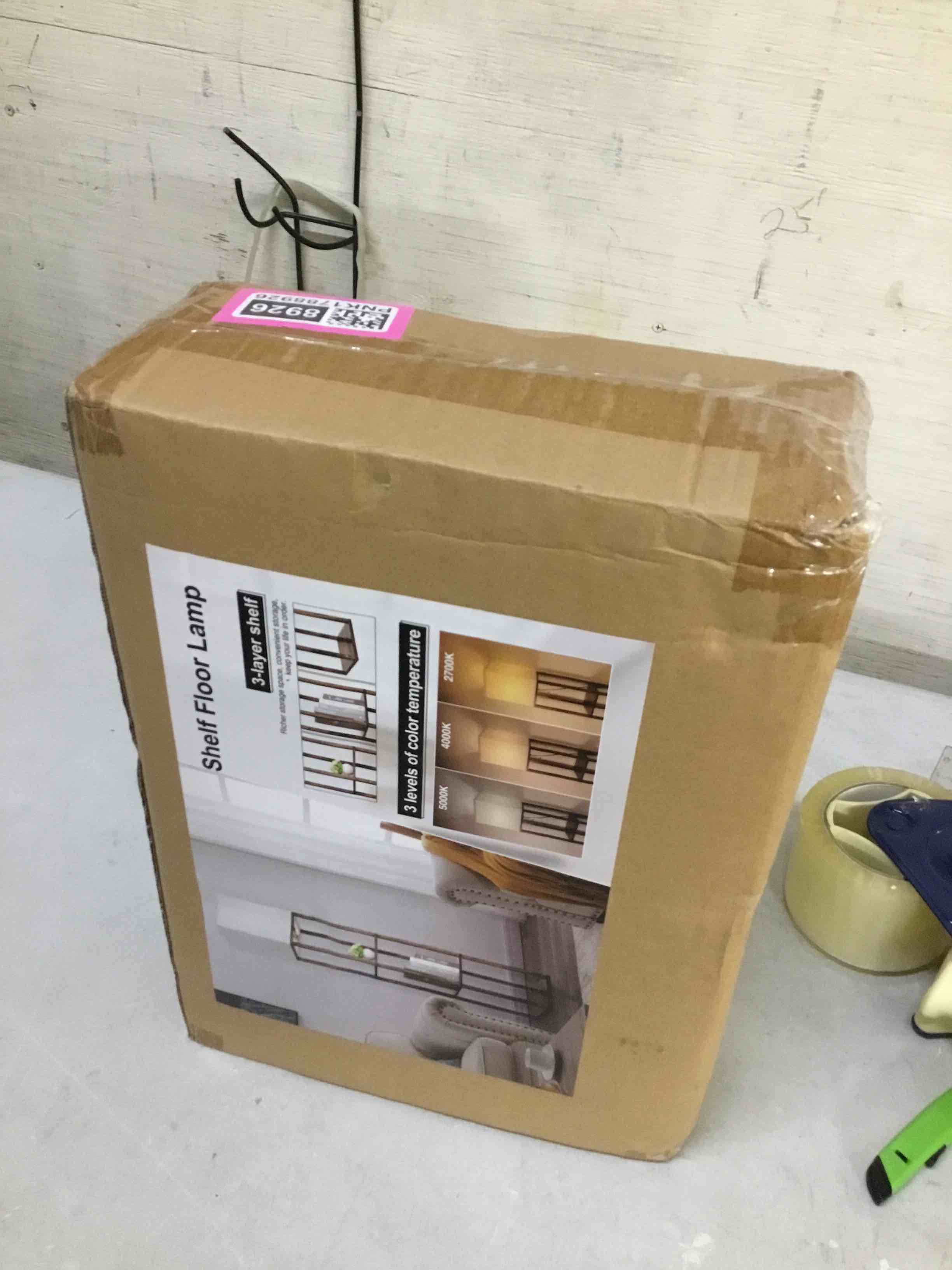 Condition photo showing New/Like New for runtop floor lamp with shelves, modern shelf lamp for display storage, 3 color temperature wood narrow standing corner lamp with 8w bulb for living room decor, bedroom, office, home decor(brown) rustic brown