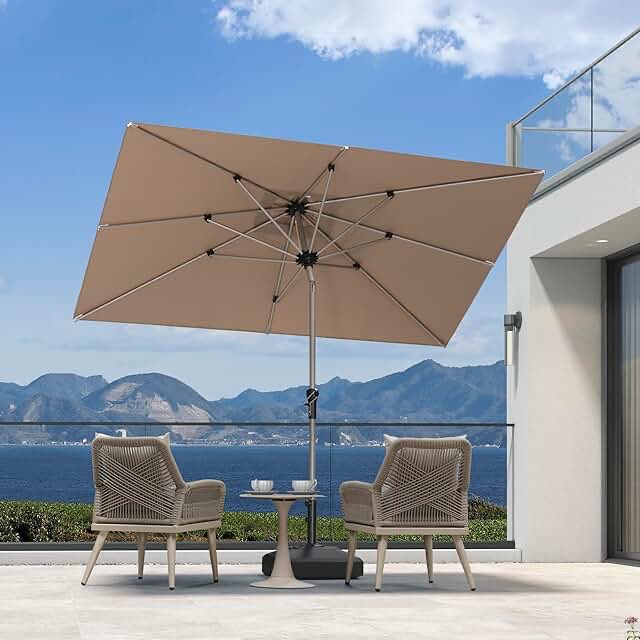 9 Ft Patio Umbrellas with Base Included, Outdoor Double-Sided Rectangle Market Umbrella with Crank Handle, for Poolside Lawn Garden, Khaki