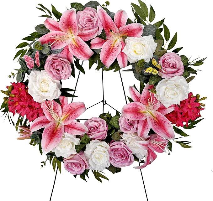 cemetery wreaths decoration - headstone wreaths with pink lily and white rose for graves with easel stand, spring wreath for front door decoration