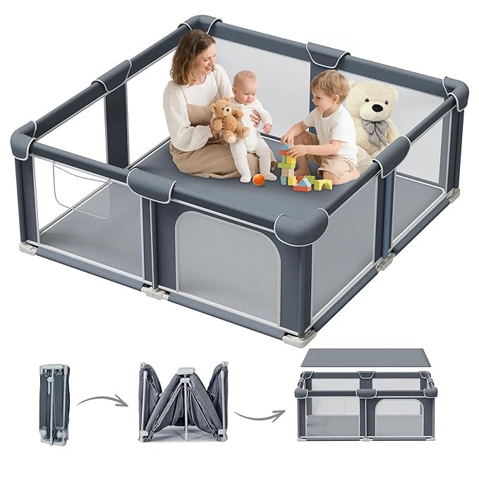 g taleco gear foldable playpen for babies and toddlers, 50"x50" portable play yard with mat, kids collapsible play pen with sturdy metal frame & mesh walls, indoor & outdoor baby fence play area