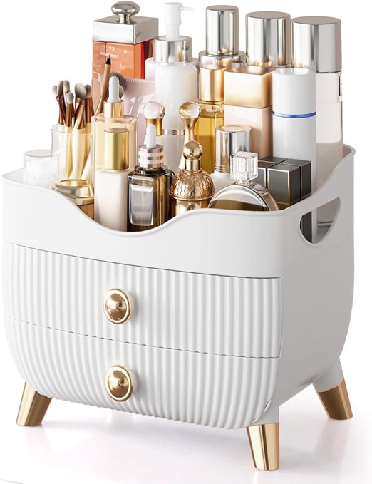makeup organizer with drawers for vanity,spacious large cosmetic display case,bathroom countertop plastic storage for skin care products?white